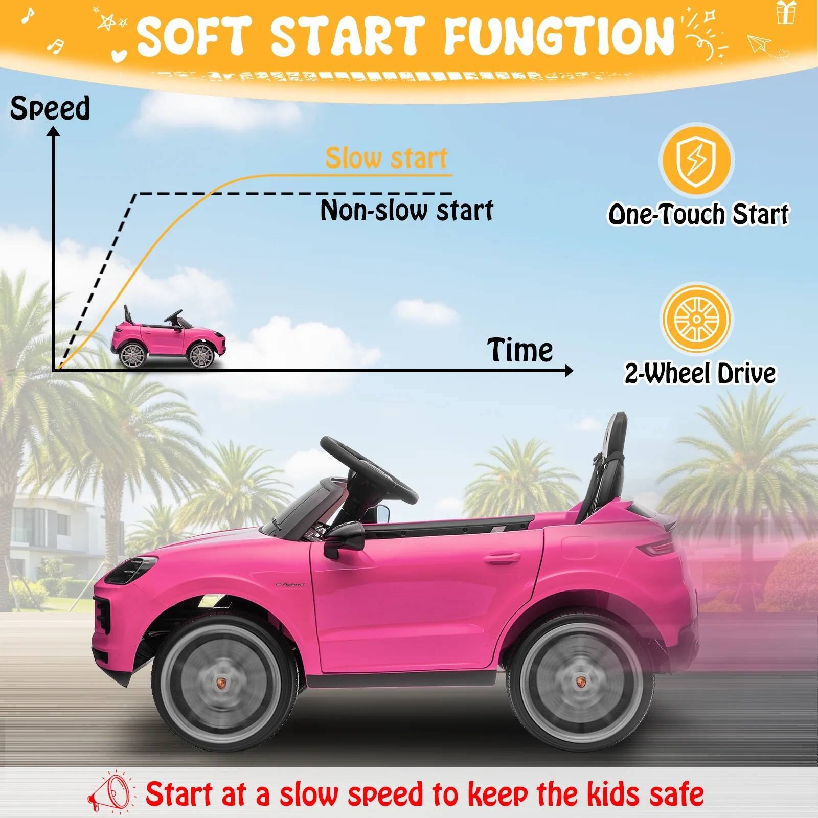 SOFT START FUNCTION

Speed  
Slow start  
Non-slow start  
One-Touch Start  
2-Wheel Drive  

Start at a slow speed to keep the kids safe