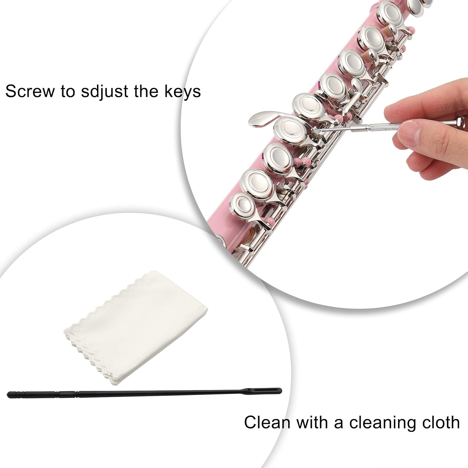 Screw to adjust the keys  
Clean with a cleaning cloth