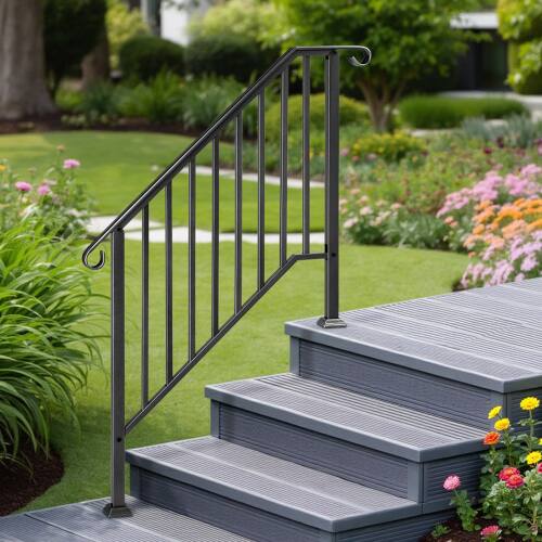 Alt View 7. Winado - 3-Step Handrails Wrought Iron Transitional Crimping Handrail Waterproof Cover for Concrete Steps Indoor Outdoor Garden - Matte Black.