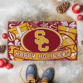 Evergreen Enterprises - USC Trojans 28" x 16" Happy Holidays Christmas Turf Door Mat - Multicolor