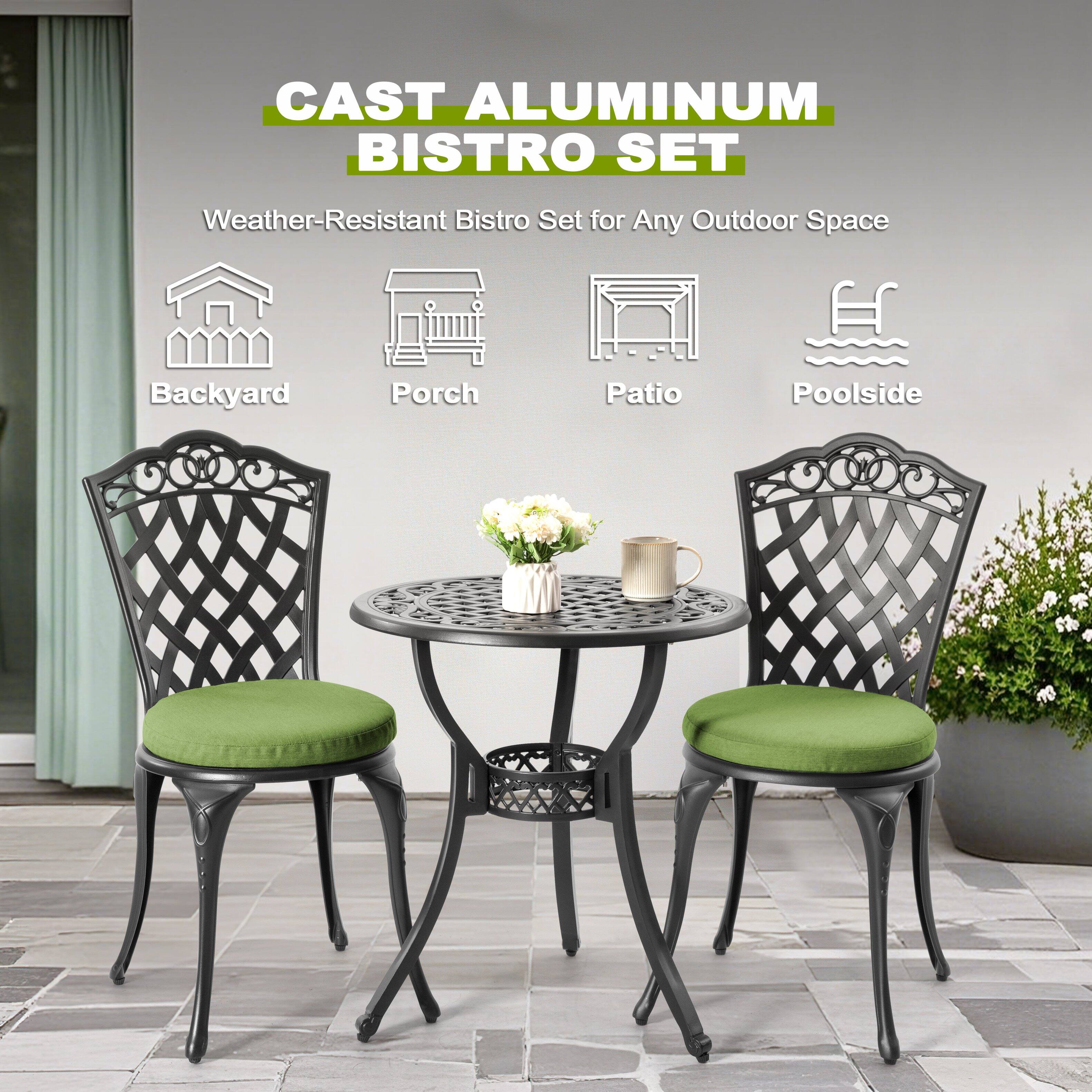 CAST ALUMINUM BISTRO SET  
Weather-Resistant Bistro Set for Any Outdoor Space  
Backyard  
Porch  
Patio  
Poolside
