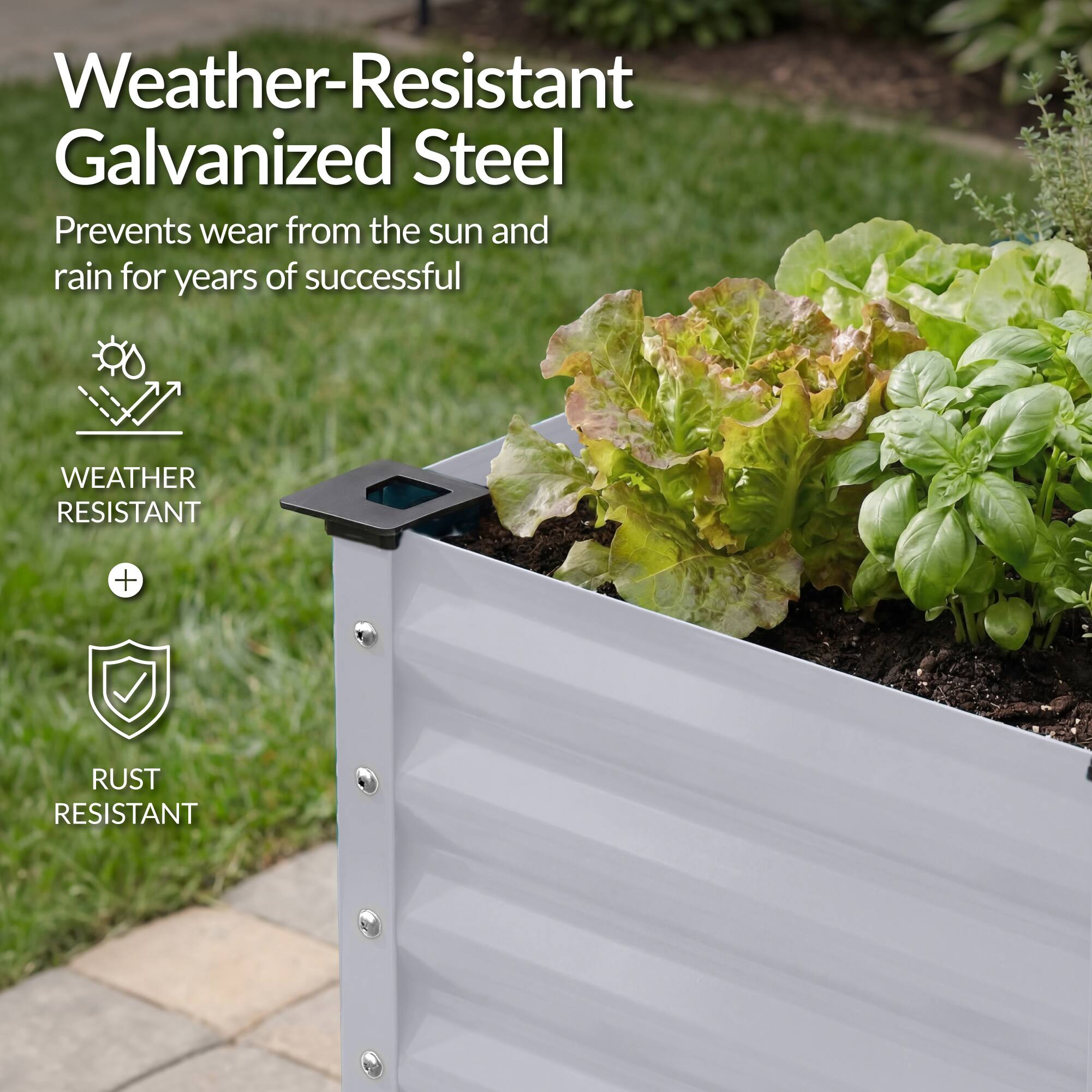 Weather-Resistant Galvanized Steel

Prevents wear from the sun and rain for years of successful

WEATHER RESISTANT + RUST RESISTANT