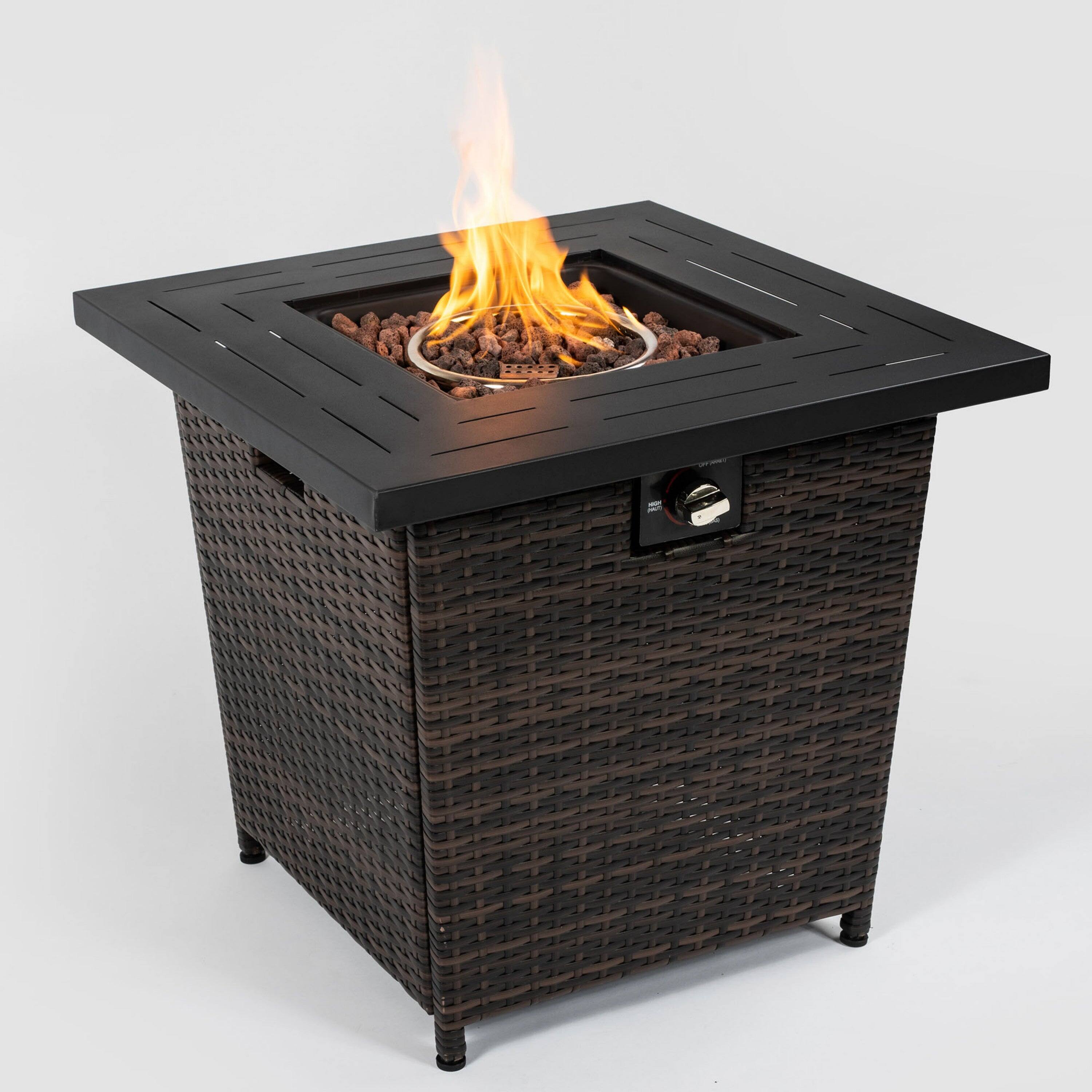 Back. Boyel Living - 28 Inch Square Outdoor Propane Fire Pit Table with Steel Lid - Brown.