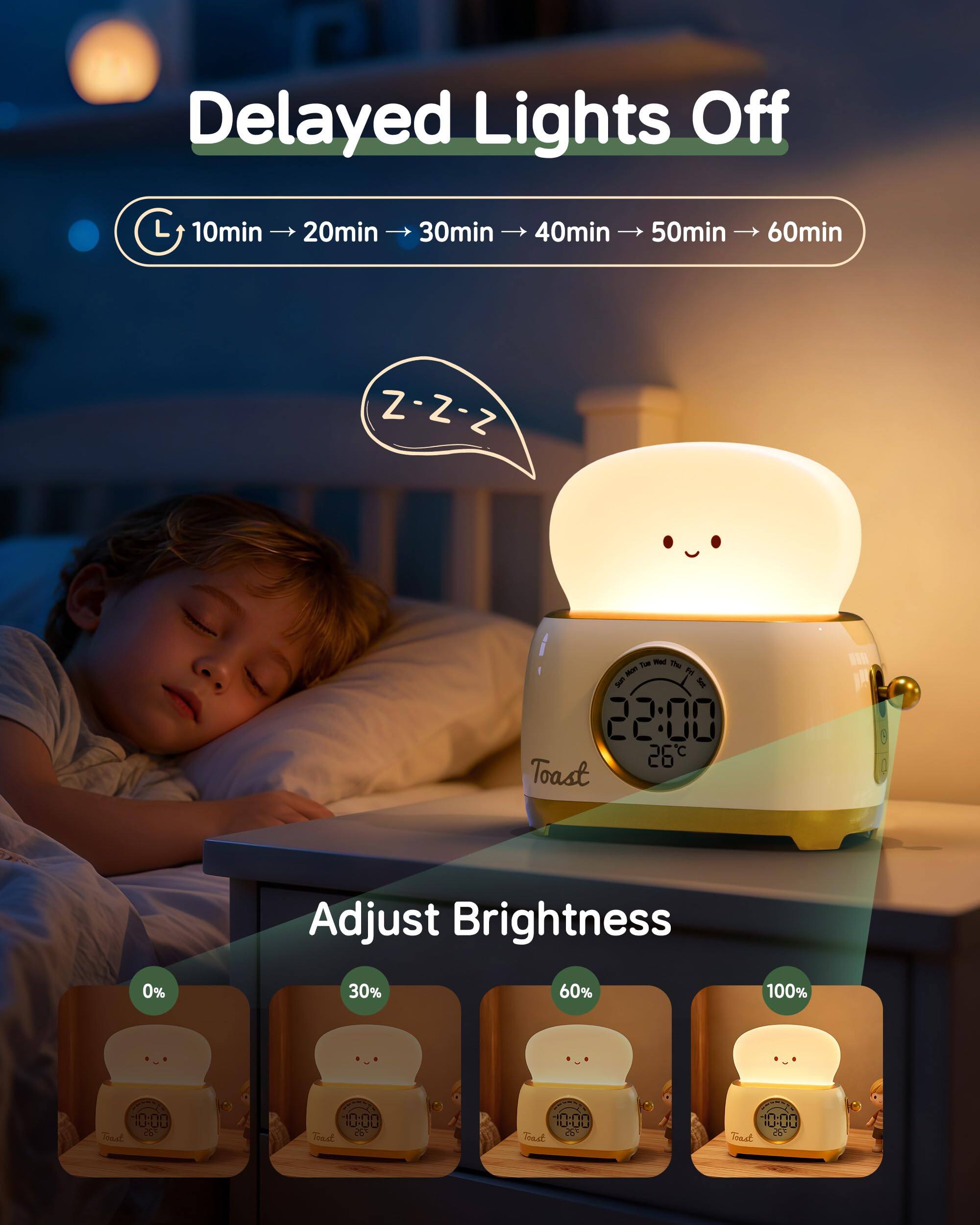 Delayed Lights Off  
10min → 20min → 30min → 40min → 50min → 60min  

Adjust Brightness  
0% 30% 60% 100%  

Toast  
22:00  
26°C