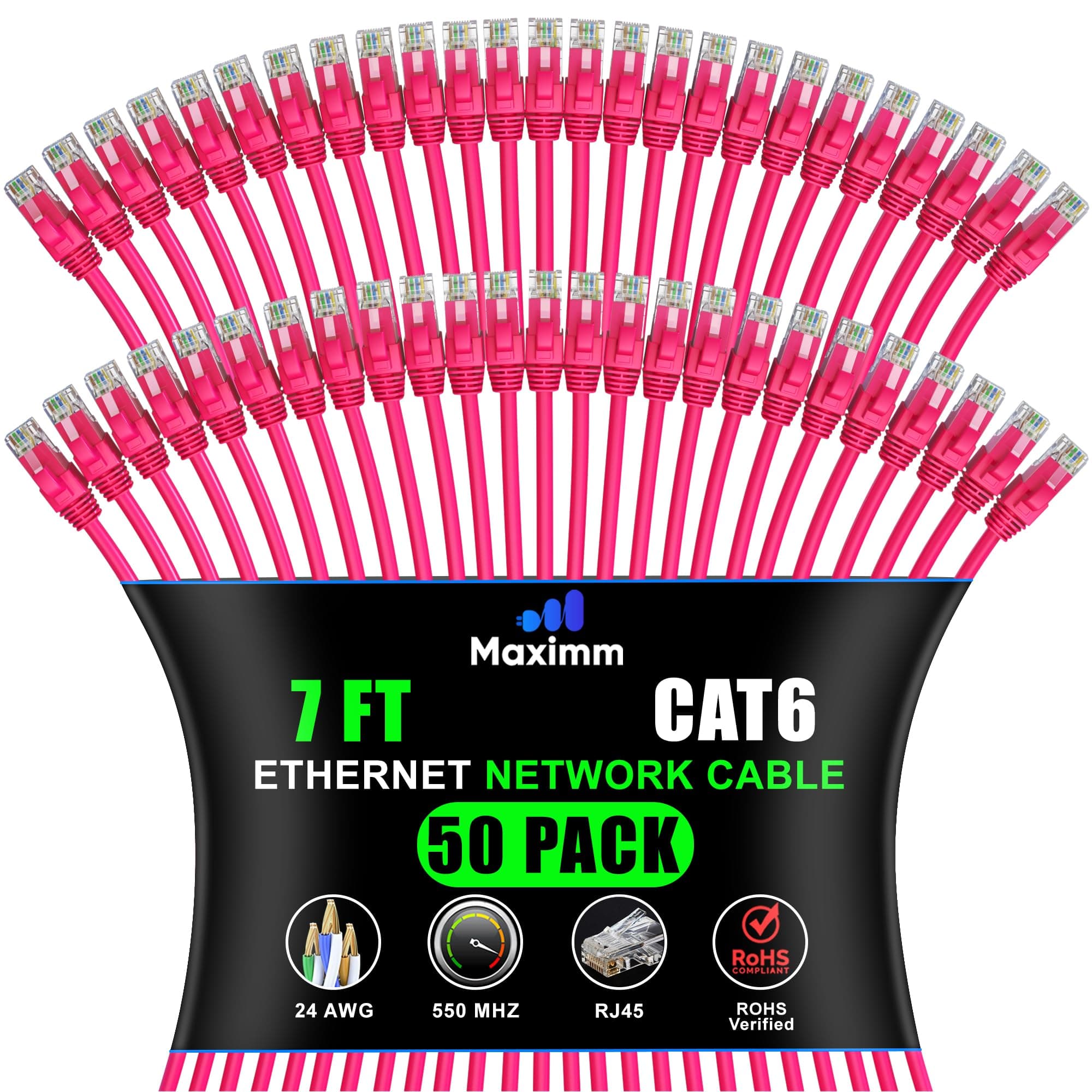 Maximm - Cat 6 Ethernet Cable 7 ft (50-Pack) - UTP, 10Gbps, 550MHz