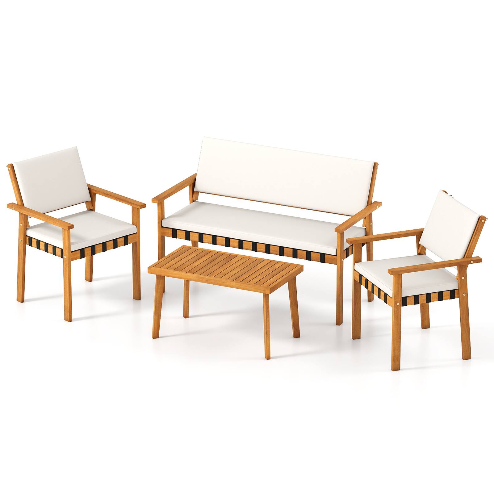 Alt View 6. Gymax - Gymax Set of 4 Wood Furniture Set w/Coffee Table Seat Back Cushions for Backyard Porch White - White.