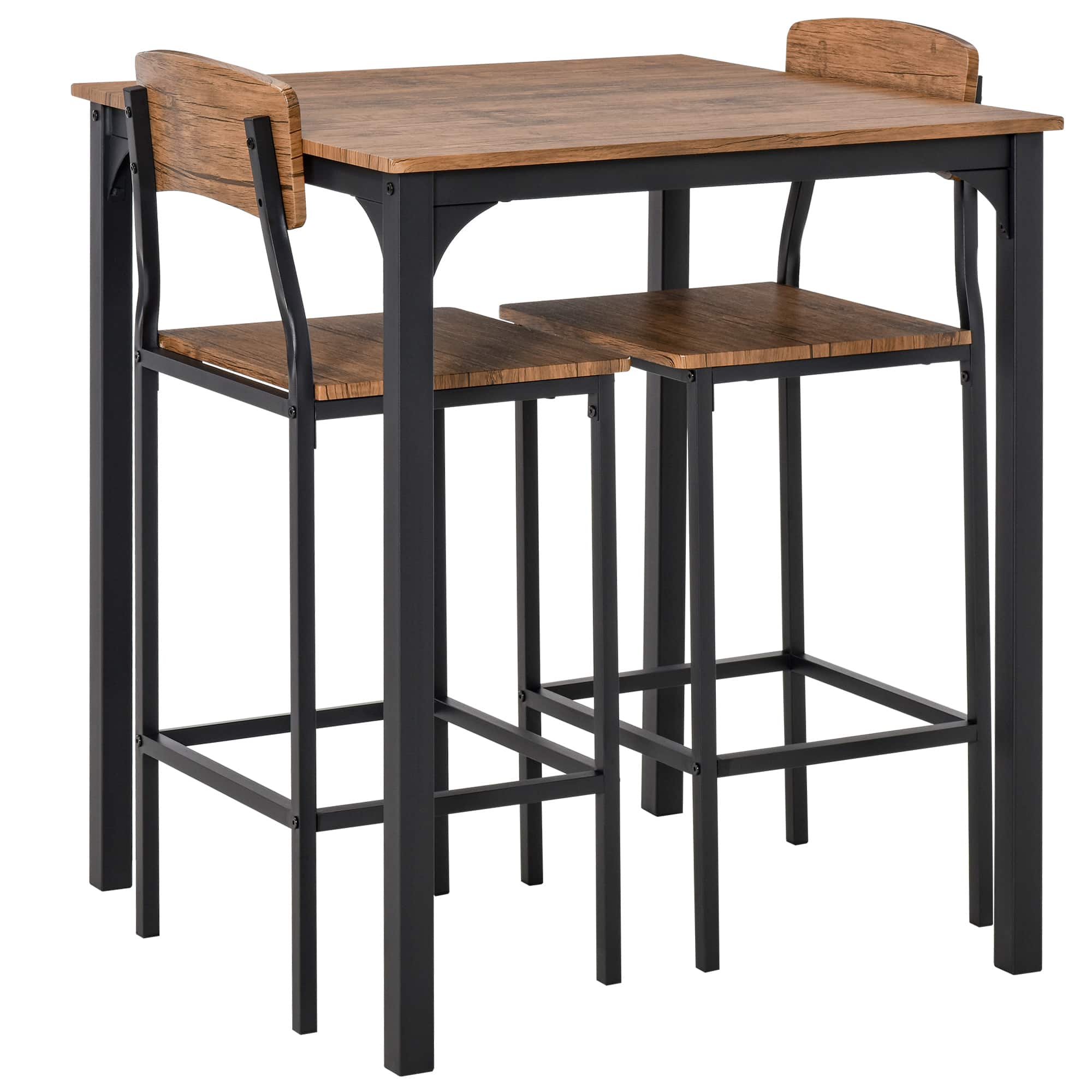 Front. Homcom - 3 Piece Counter Height Bar Table and Chairs Set, Industrial Small Dining Table Set for 2, Square Kitchen Table - Walnut and Black.