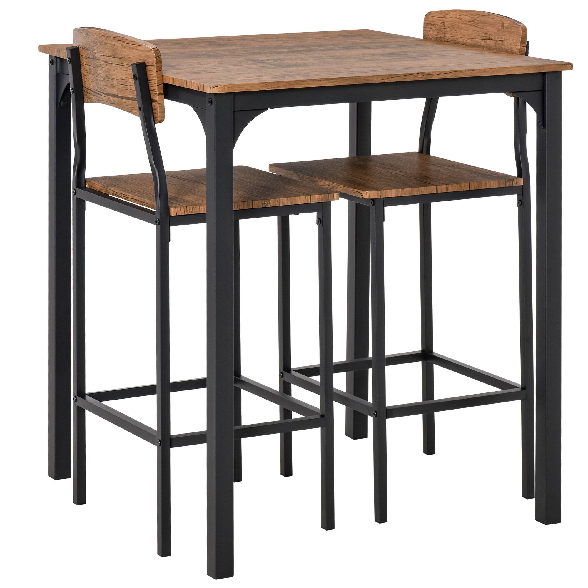 Front. Homcom - 3 Piece Counter Height Bar Table and Chairs Set, Industrial Small Dining Table Set for 2, Square Kitchen Table - Walnut and Black.