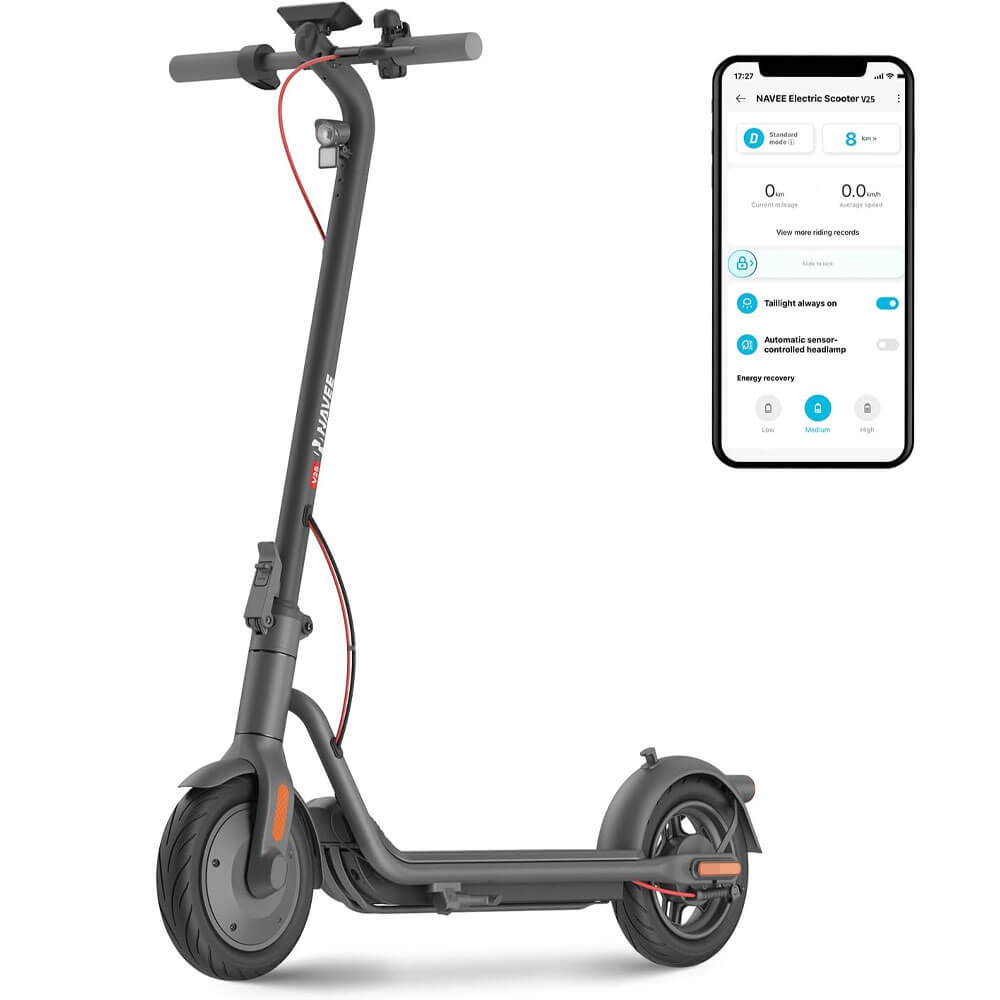 NAVER Electric Scooter v25

- Stand mode
- 8 km
- 0.0 km
- 0.0 km/h
- Average Voltage
- Tailight always on
- Automatic sensor-controlled headlamp
- Energy recovery
- Low, Medium, High