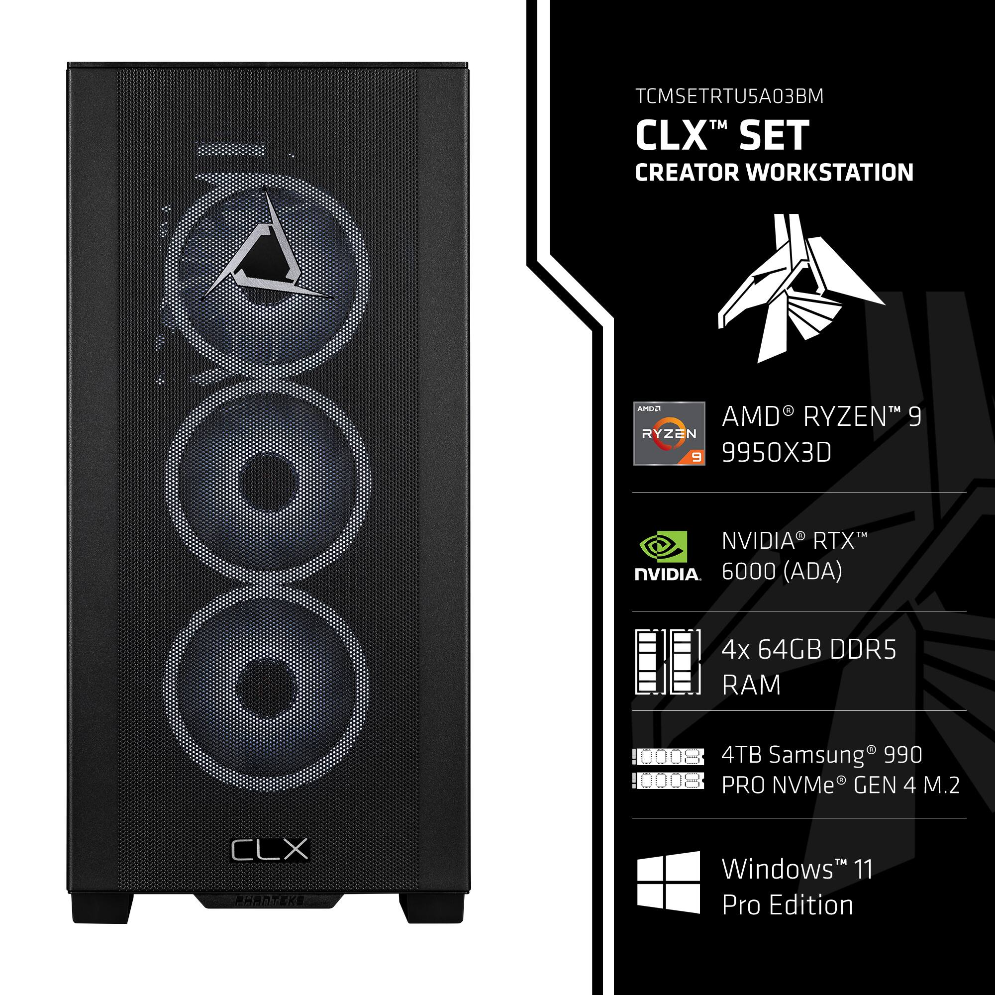 CLX HAOTEKS TCMSETRTUSA03BM TM CLX SET CREATOR WORKSTATION  
AMD RYZEN 9 9950X3D  
NVIDIA RTX 6000 (ADA)  
4x 64GB DDR5 RAM  
4TB Samsung 990 PRO NVMe GEN 4 M.2  
Windows 11 Pro Edition