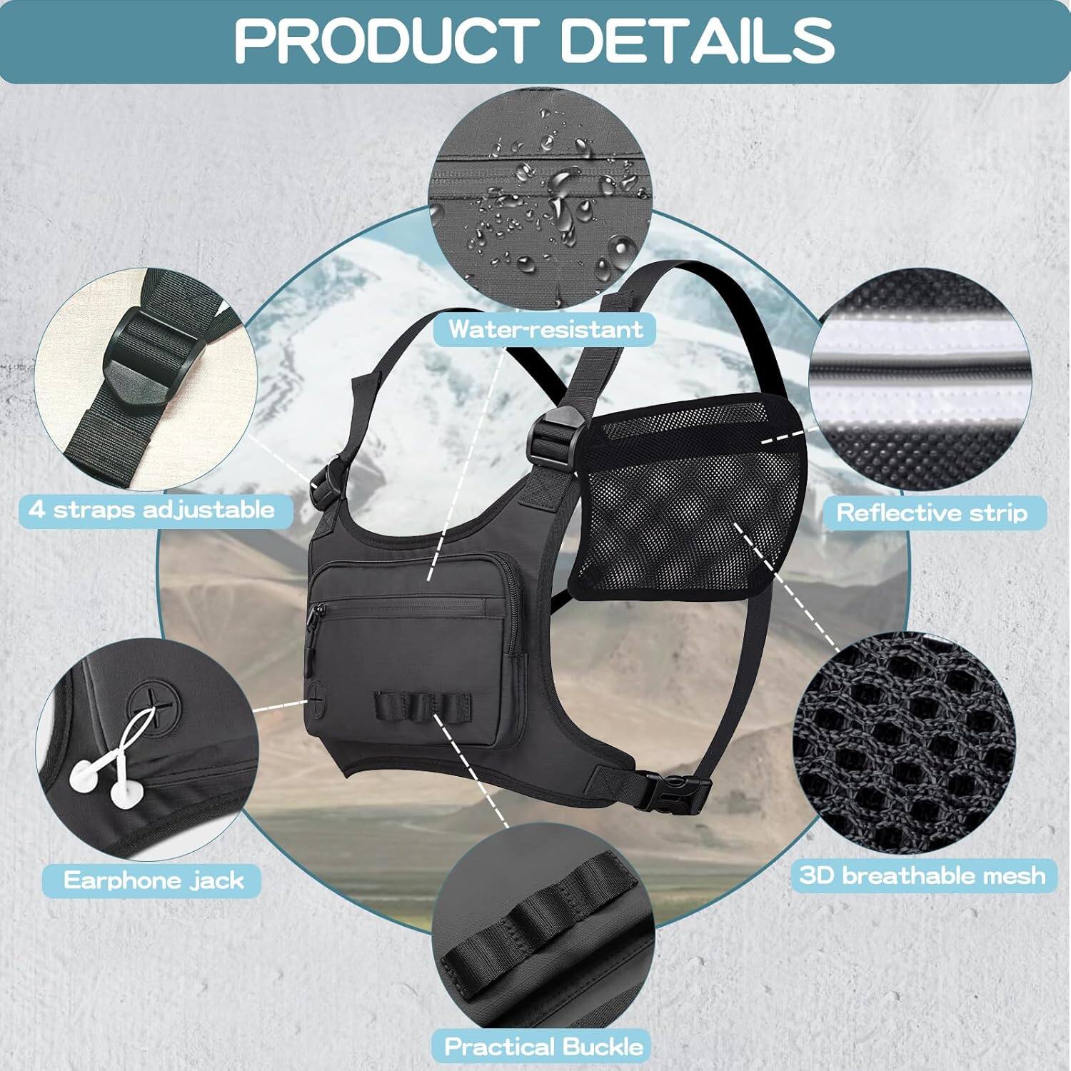 PRODUCT DETAILS

- Water-resistant
- 4 straps adjustable
- Reflective strip
- Earphone jack
- 3D breathable mesh
- Practical Buckle