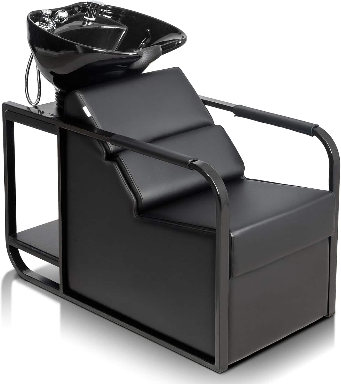 Winado - Backwash Unit Barber Shampoo Chair with Tilting Ceramic Bowl, Retractable Sprayer, Removable Neck Rest for Salon Beauty - Black