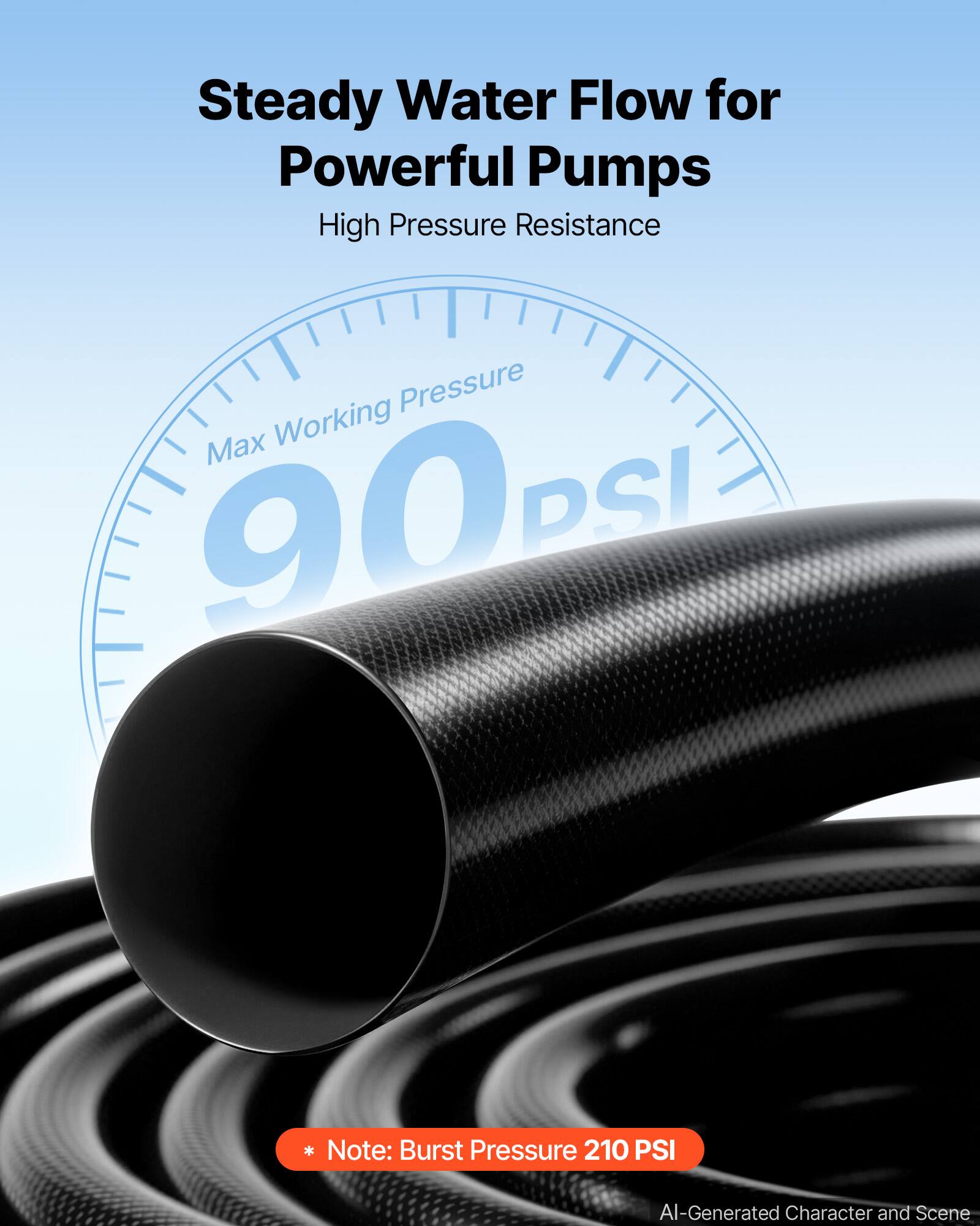 Steady Water Flow for Powerful Pumps  
High Pressure Resistance  
Max Working Pressure 90 PSI  
*Note: Burst Pressure 210 PSI
