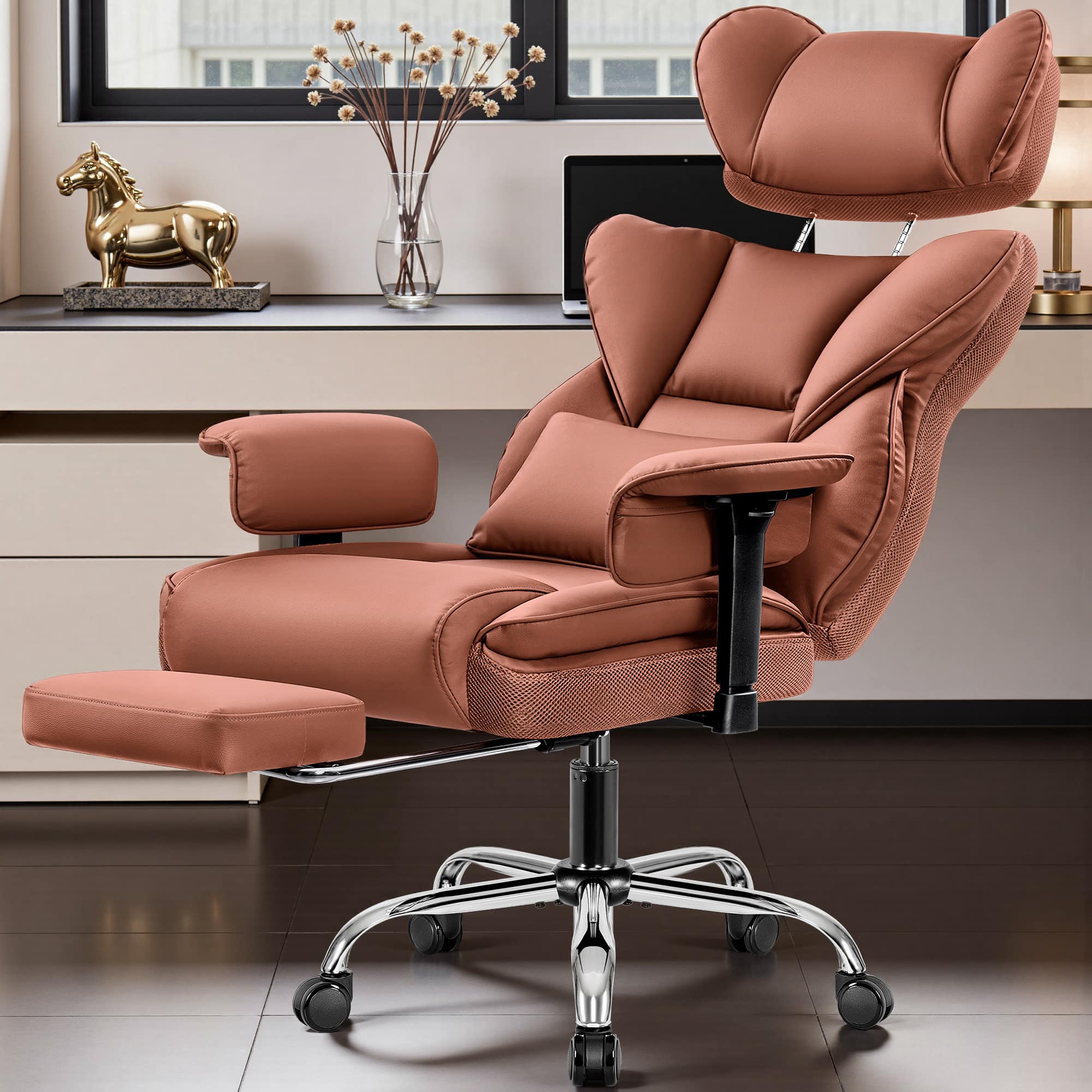 Front. Brick Attic - 500LBS Ergonomic Home Office Desk Executive Chair for Heavy Individuals, Adjustable Headrest Footrest Armrest - Brown.