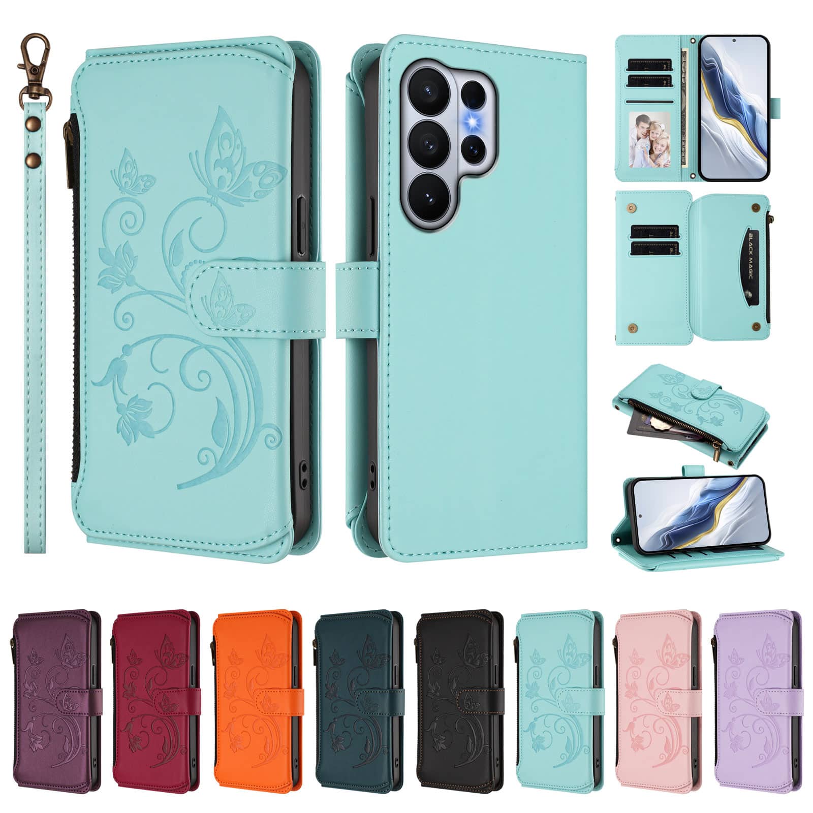 Dteck - Crossbody Wallet Case for Samsung Galaxy S26 Ultra,Embossed Butterfly Flower Folio Cover with Zipper Pocket+Strap - Green price history on PriceWatchPro
