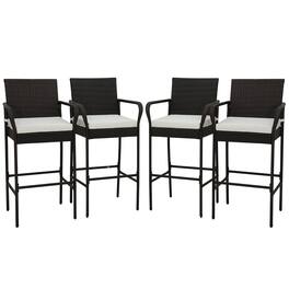 Gymax - 4PCS Patio PE Wicker Bar Chairs Counter Height Barstools With Armrests & Cushions - Off White