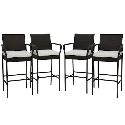 Front. Gymax - Gymax 4PCS Patio PE Wicker Bar Chairs Counter Height Barstools With Armrests & Cushions - Off White.