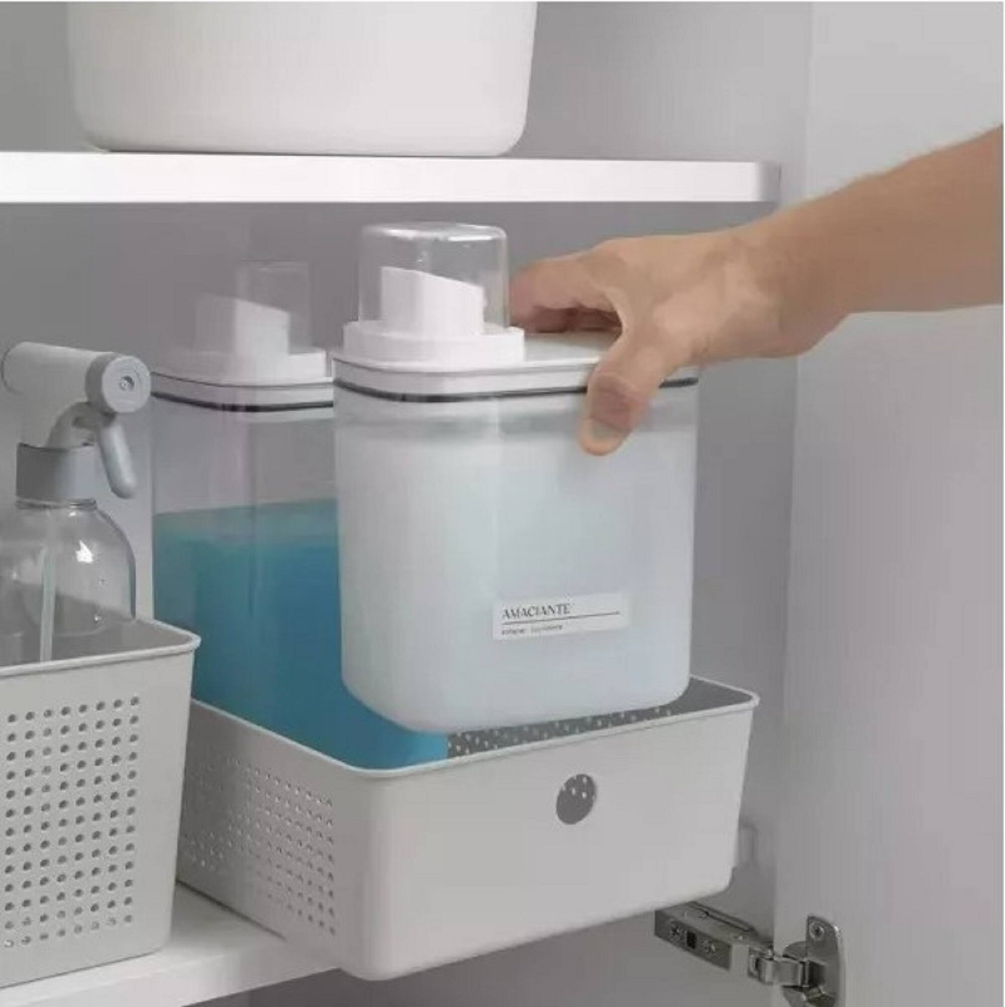 Left. OU - Laundry Detergent Dispenser Set with Wall Rack, 50 oz & 77 oz Soap/Fabric Softener Dispensers with Measuring Cap - Beige.