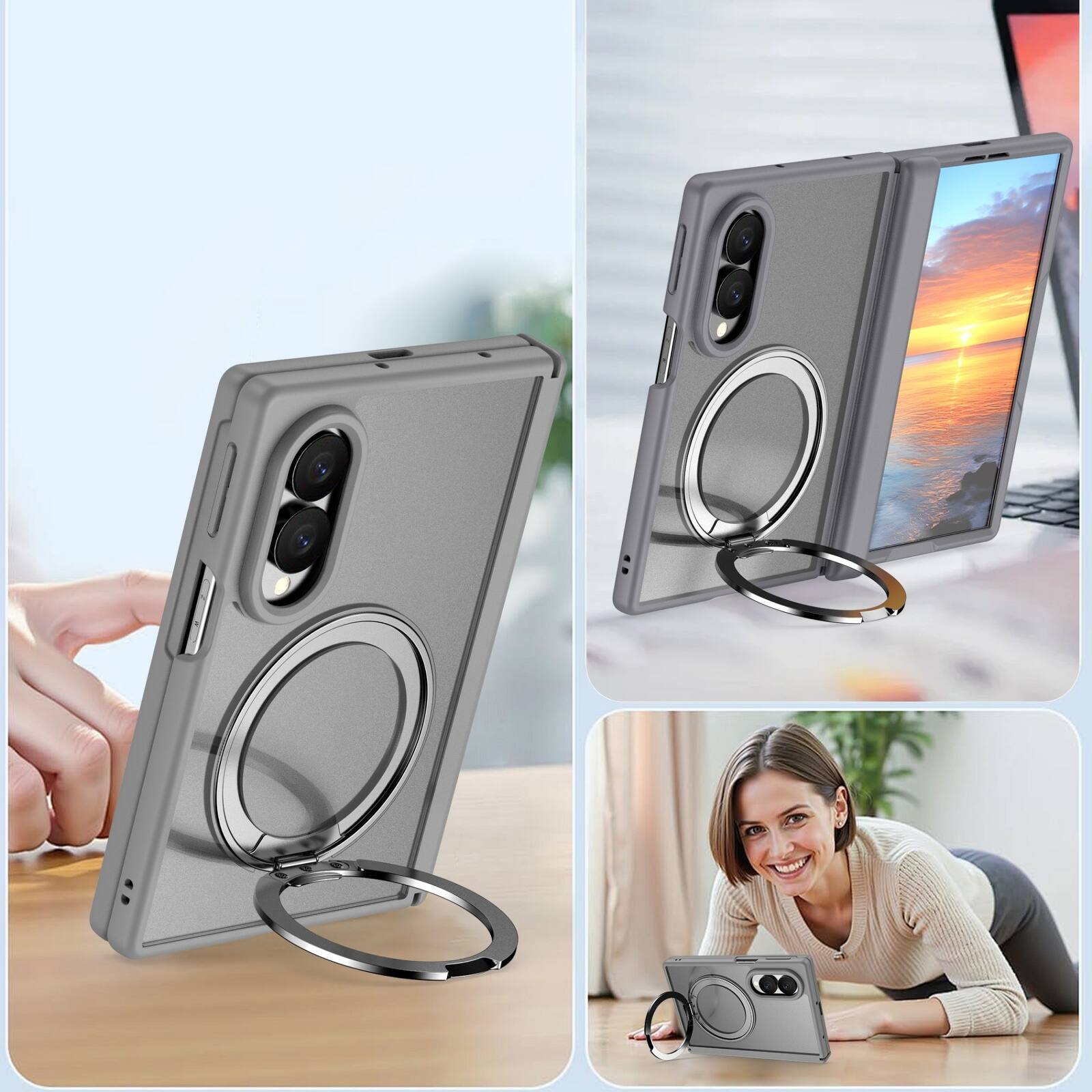 Alt View 1. Dteck - Shockproof Case for Samsung Galaxy Z Fold8 with Ring Stand, Magnetic PC Cover Built in Screen Film and Hinge Protection - Gray.