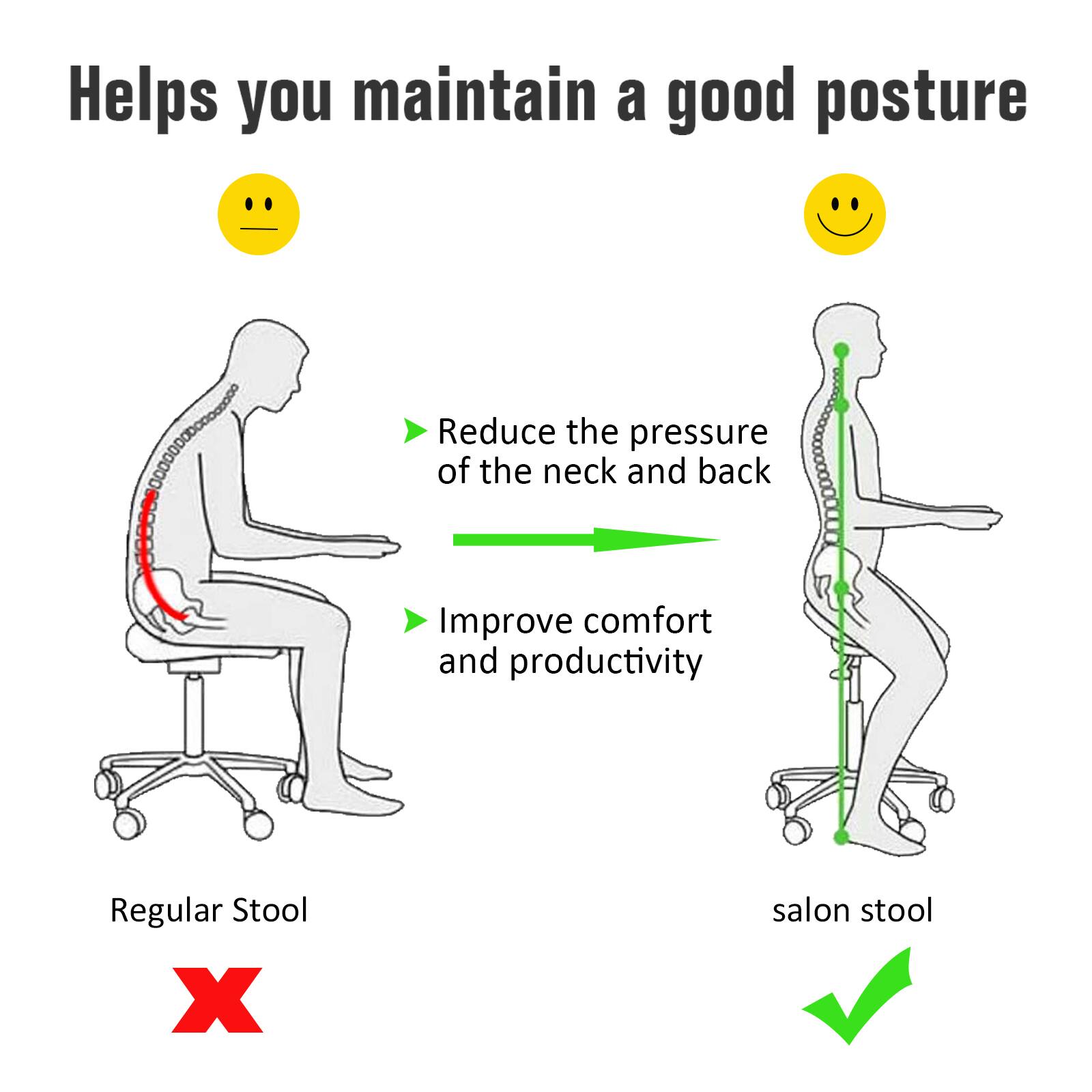 Helps you maintain a good posture

Reduce the pressure of the neck and back
Improve comfort and productivity
Regular Stool X
salon stool ✓