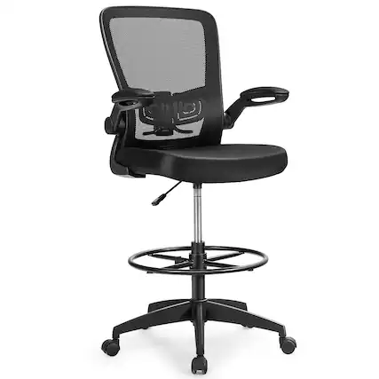 Front. WELLFOR - Height Adjustable Drafting Chair with Flip Up Arms - Black.