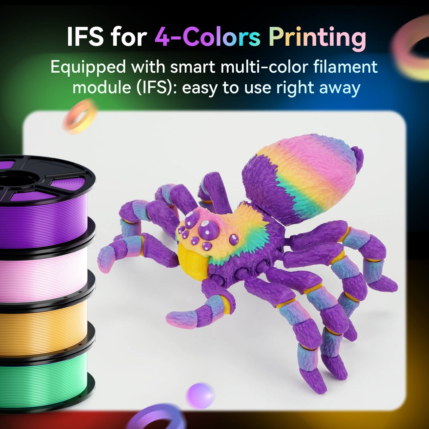 IFS for 4-Colors Printing  
Equipped with smart multi-color filament module (IFS): easy to use right away