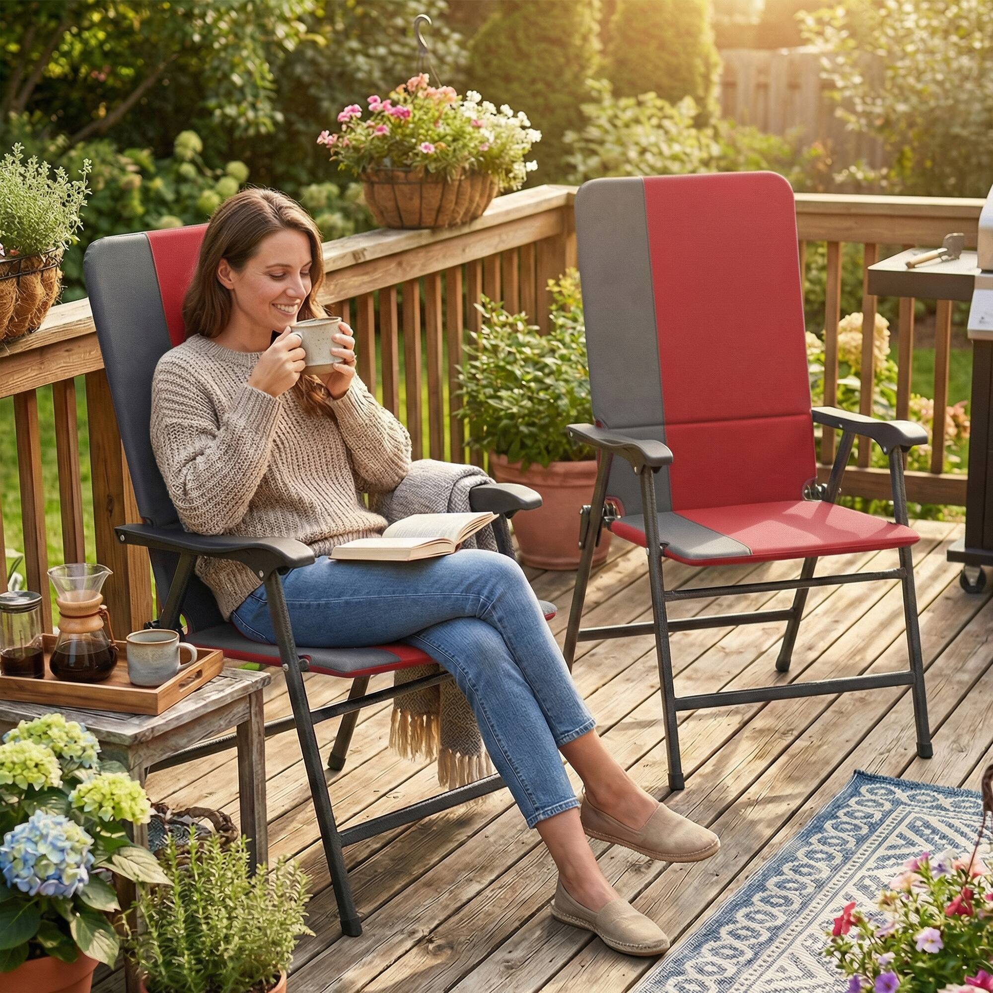 Alt View 1. Outsunny - Patio Chairs Set of 2, Padded High Back Lawn Camping Chairs with Armrests - Red.