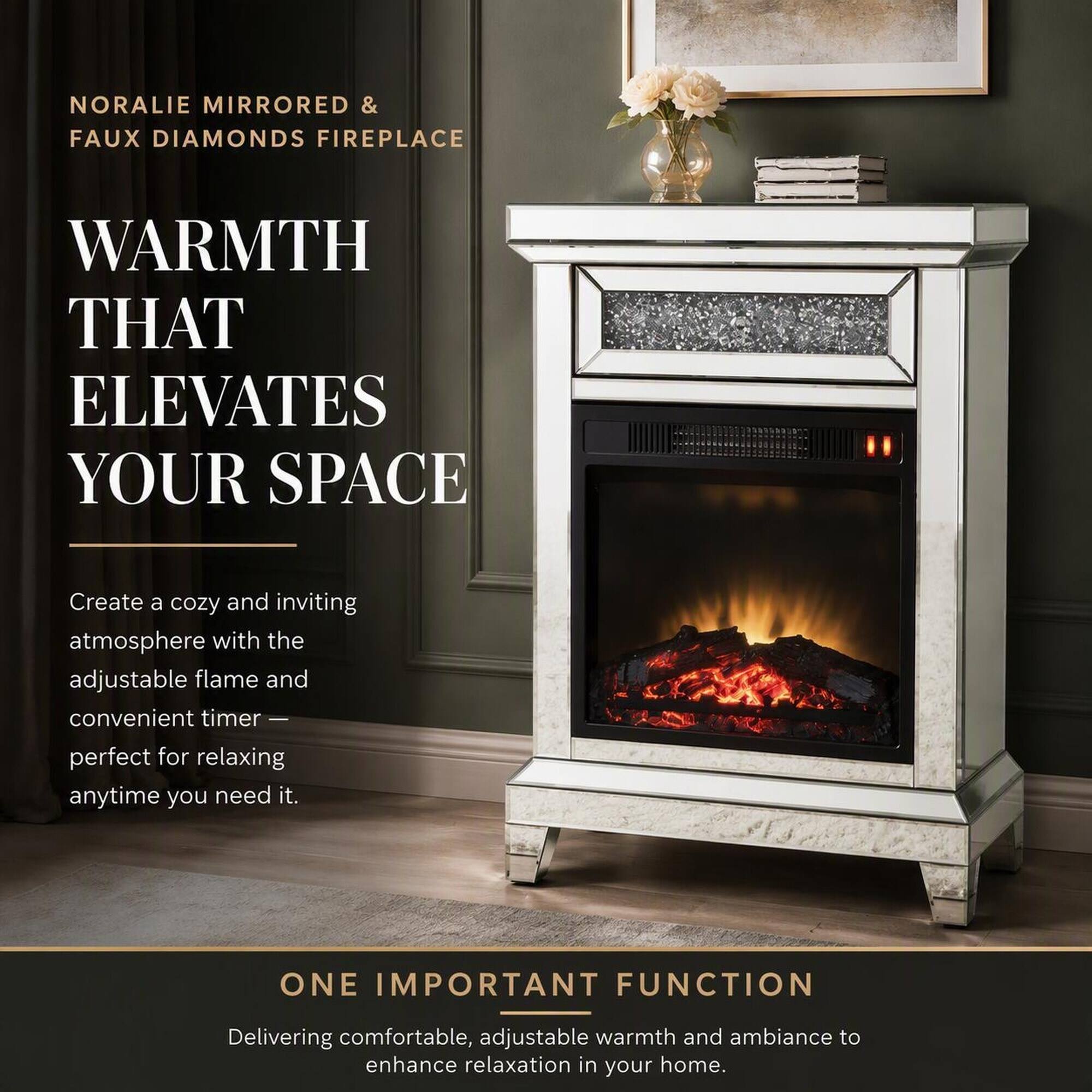 NORALIE MIRRORED & FAUX DIAMONDS FIREPLACE

WARMTH THAT ELEVATES YOUR SPACE

Create a cozy and inviting atmosphere with the adjustable flame and convenient timer - perfect for relaxing anytime you need it.

ONE IMPORTANT FUNCTION

Delivering comfortable, adjustable warmth and ambiance to enhance relaxation in your home.