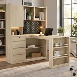 RYHNUYNE - L-Shaped Corner Desk, White Finish, Built-In Charging Ports, LED Light, Storage Shelves, Modern Home Office Workstation - Wood