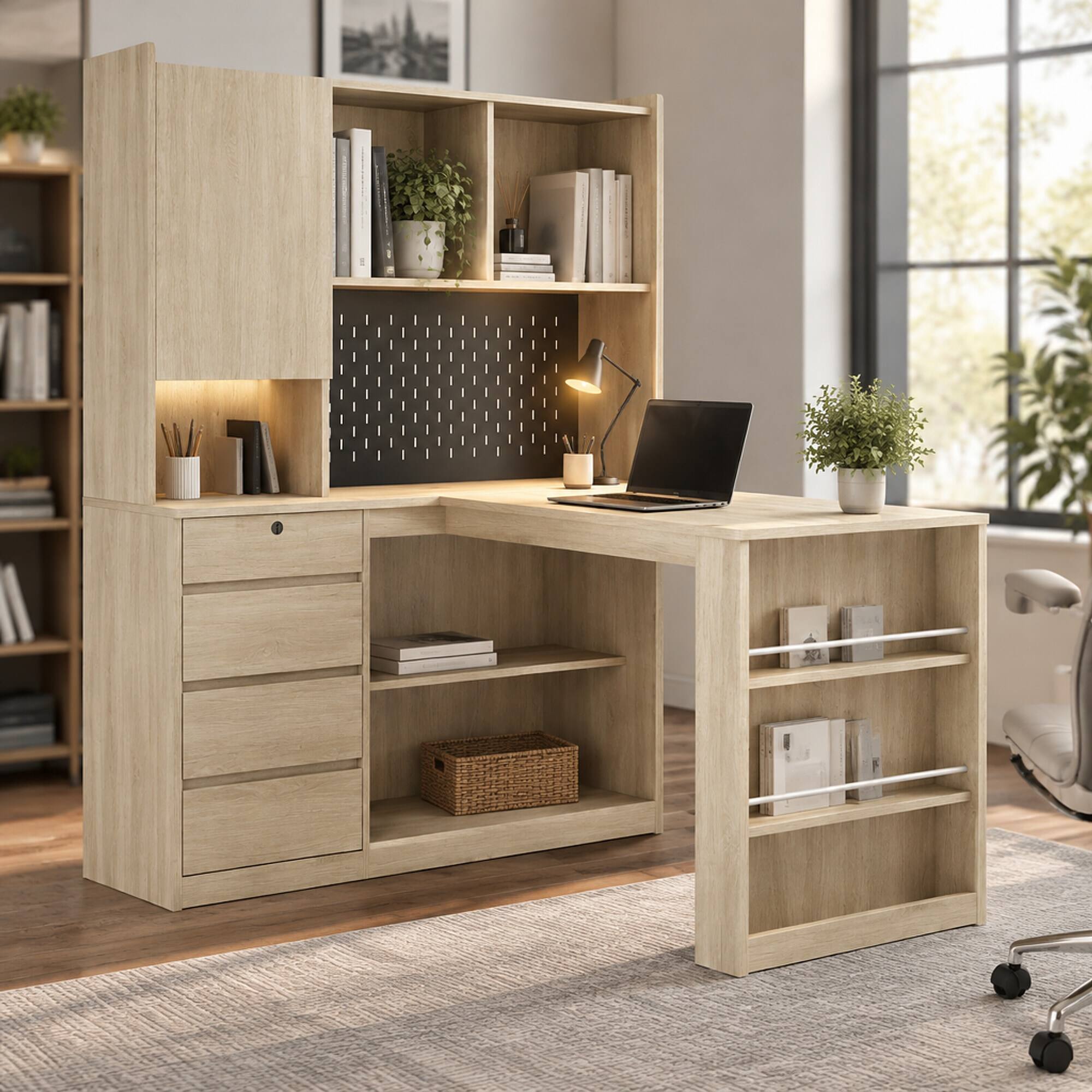 Front. RYHNUYNE - L-Shaped Corner Desk, White Finish, Built-In Charging Ports, LED Light, Storage Shelves, Modern Home Office Workstation - Wood.