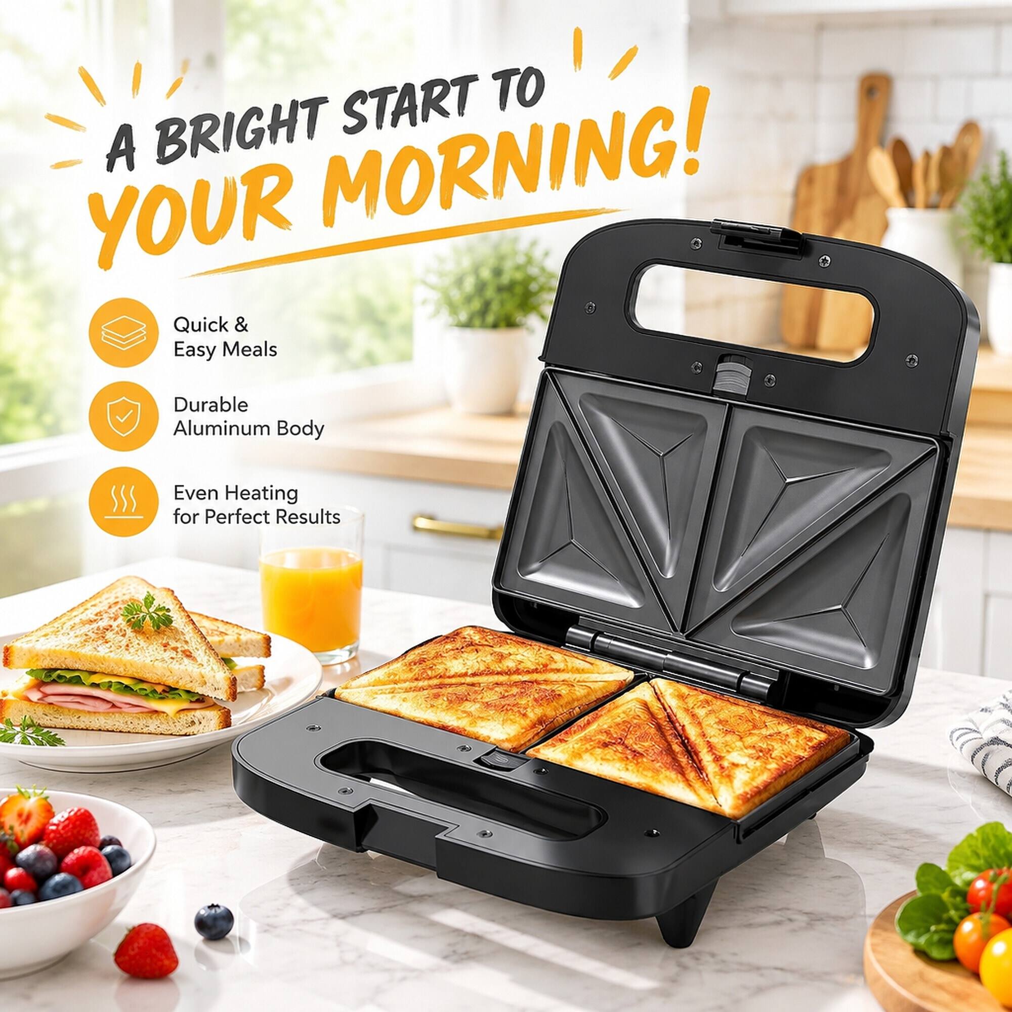 A BRIGHT START TO YOUR MORNING!

- Quick & Easy Meals
- Durable Aluminum Body
- Even Heating for Perfect Results