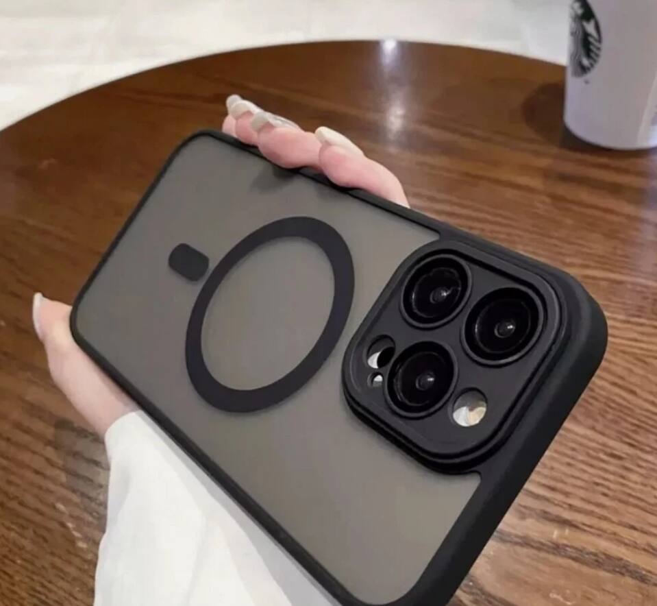 Left. Gravity Ridge - Magnetic Phone Case for iPhone 12 Pro Max, Compatible with MagSafe Translucent Shockproof Phone Cover - Black.