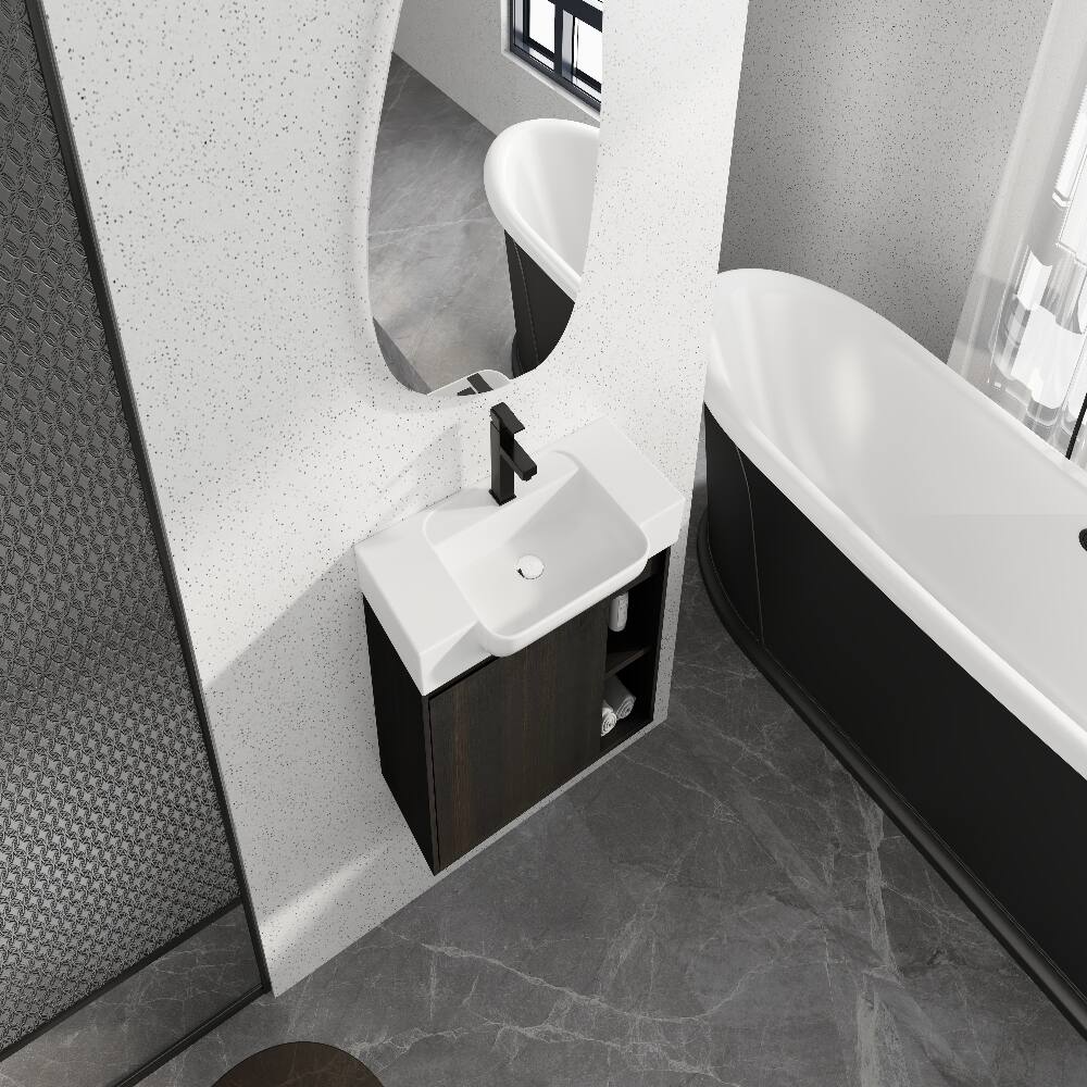 Alt View 2. Loheer - Loheer 28 inch wall mounted bathroom vanity with white ceramic sink, dark oak floating vanity - Dark Oak.