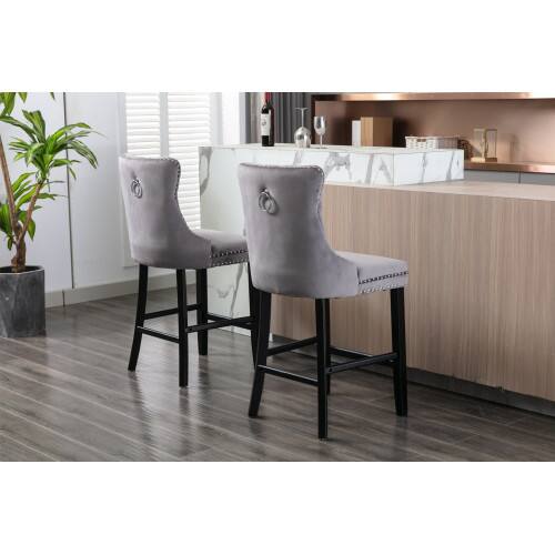 Alt View 4. LUCKY ONE - Assembled Velvet Bar Stool Set of 2 with Button Tufted Wood Legs Chrome Nailhead Trim - Gray.