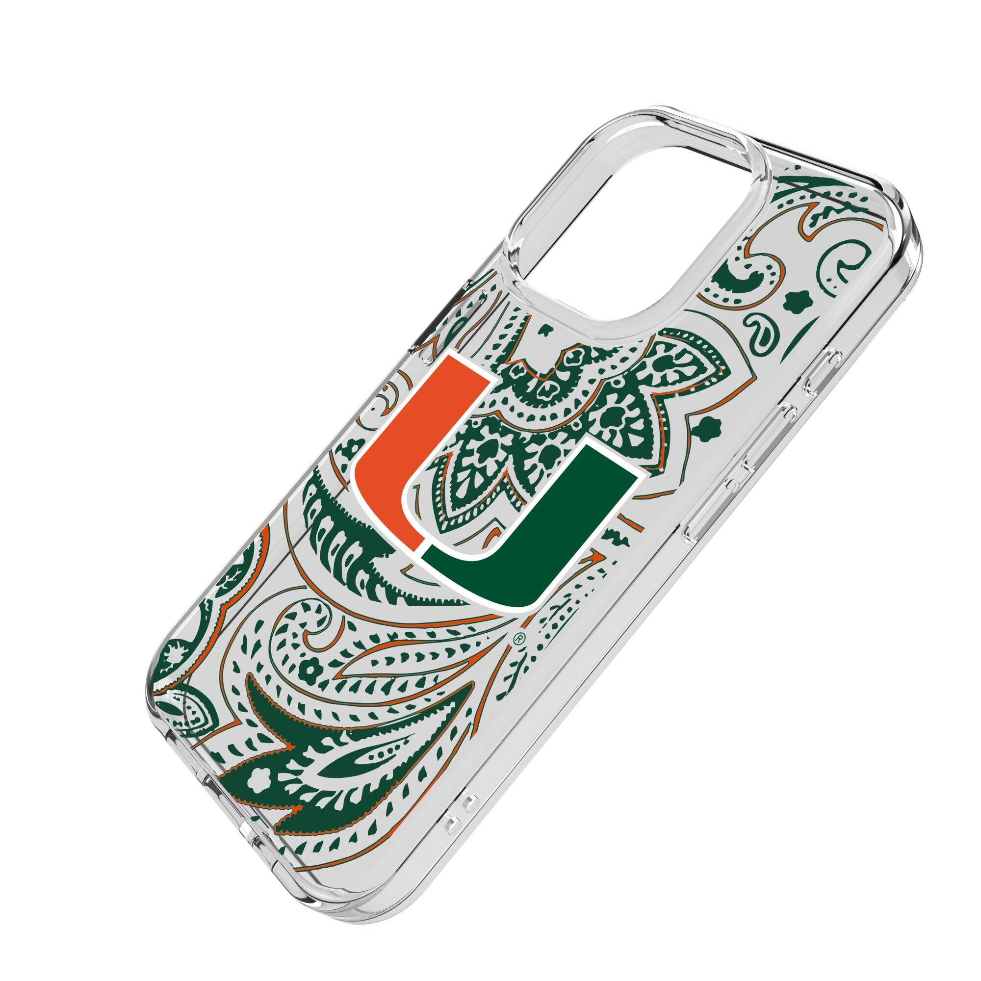 Alt View 1. Keyscaper - Miami Hurricanes iPhone Paisley Design Clear Case - 16 Pro Max - Multicolor.
