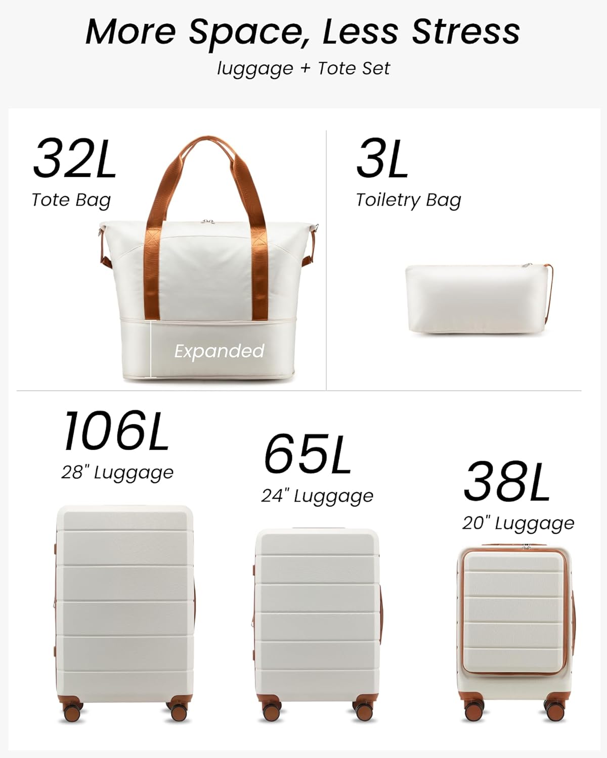 More Space, Less Stress luggage + Tote Set

- 32L Tote Bag
- 3L Toiletry Bag
- 106L 28" Luggage
- 65L 24" Luggage
- 38L 20" Luggage