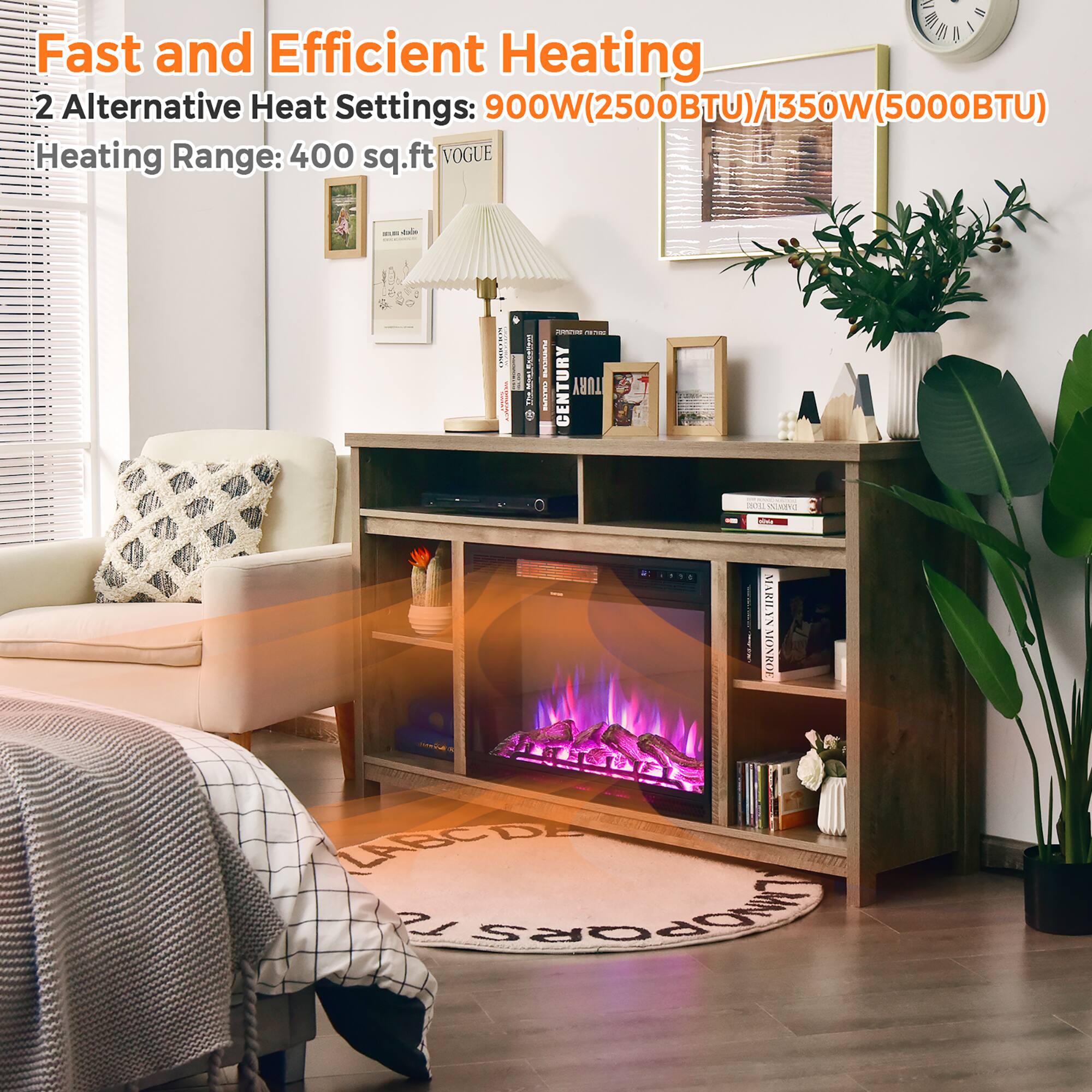 Fast and Efficient Heating  
2 Alternative Heat Settings: 900W(2500BTU)/1350W(5000BTU)  
Heating Range: 400 sq.ft  
VOGUE