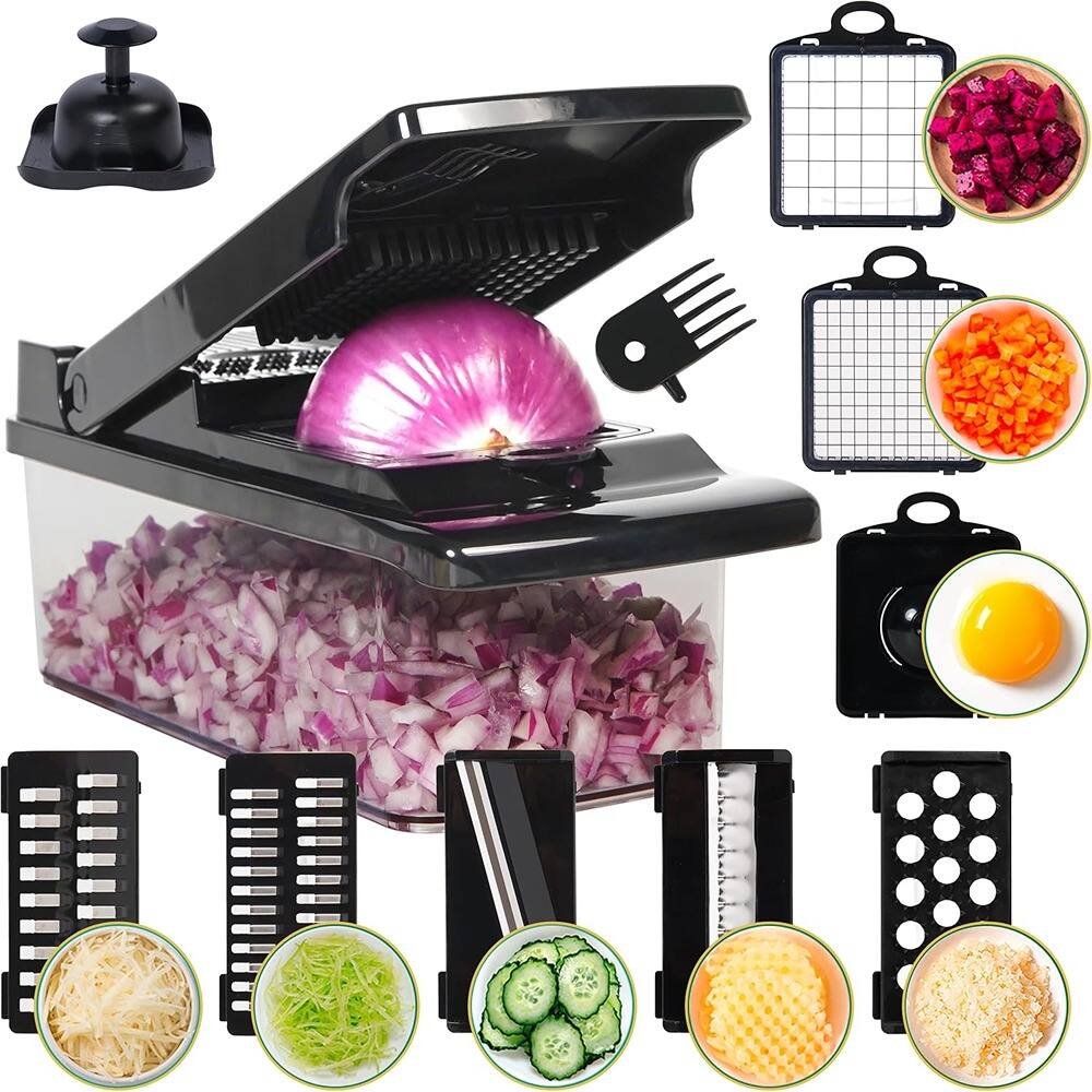 PARKER SLATER - Multifunctional Vegetable Chopper with Container, Interchangeable Blades for Onion, Garlic, Potato, Carrot Slicing - Black