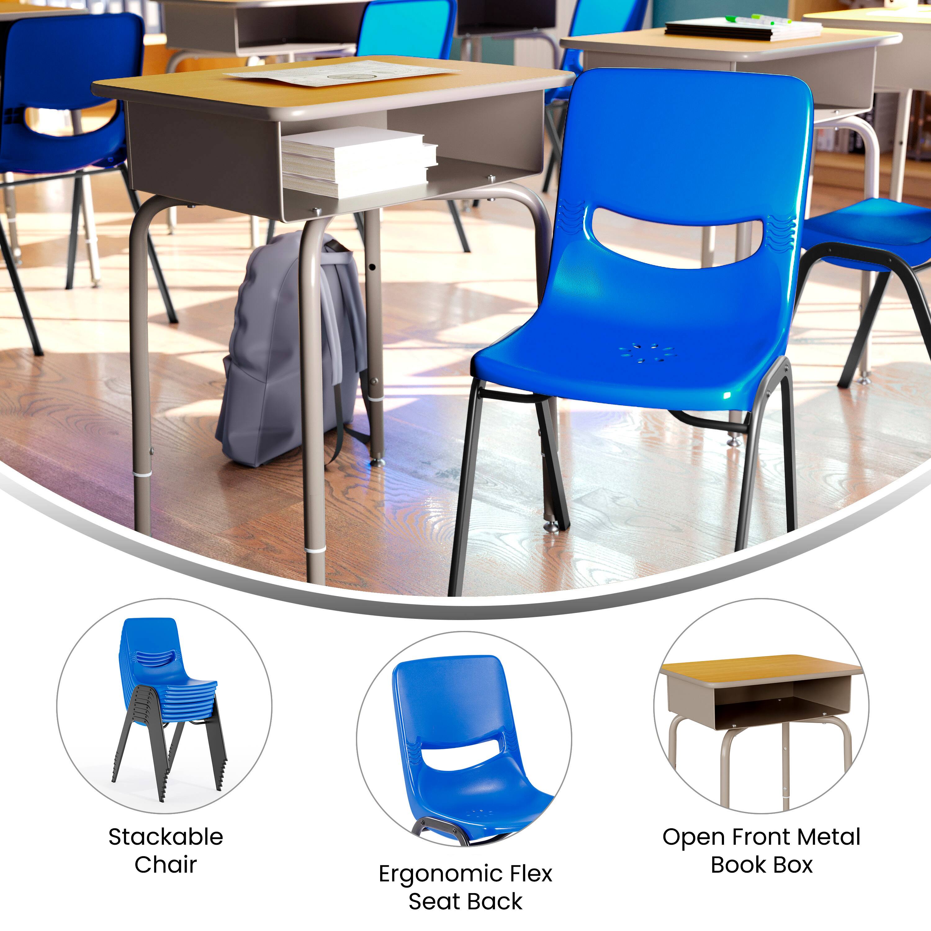 Stackable Chair  
Ergonomic Flex Seat Back  
Open Front Metal Book Box