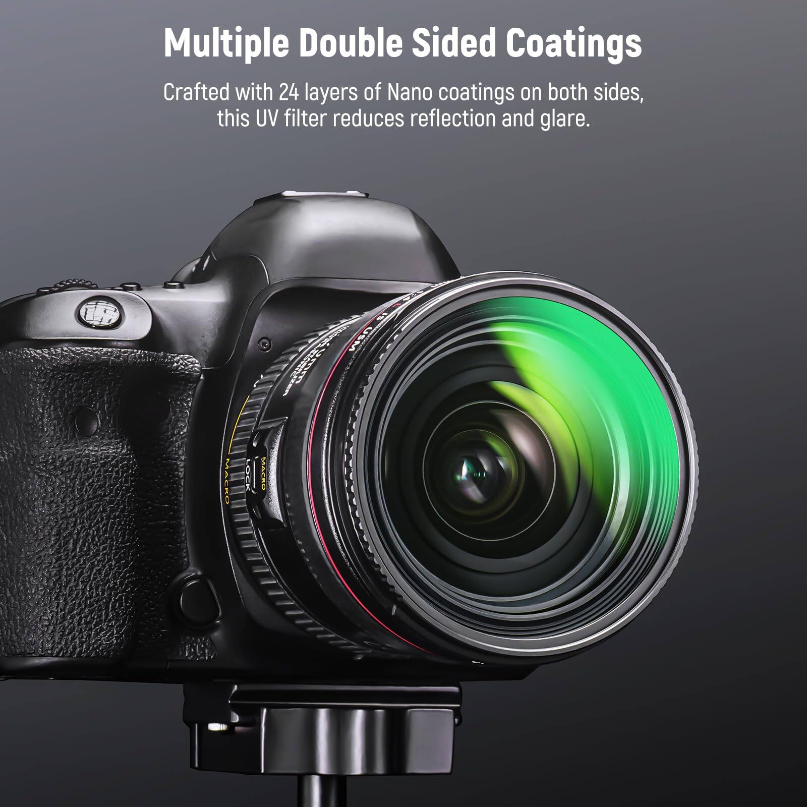 Multiple Double Sided Coatings

Crafted with 24 layers of Nano coatings on both sides, this UV filter reduces reflection and glare.
