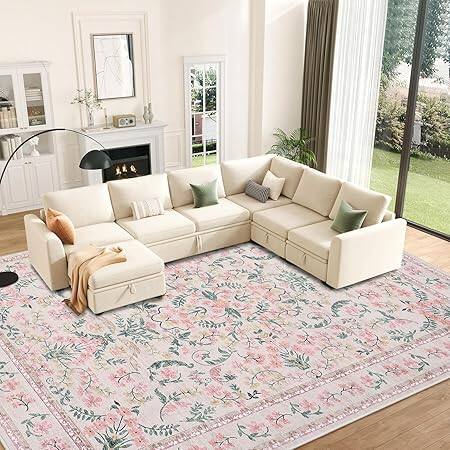 Front. GARVEE - Area Rug 8x10, Floral Soft,Washable Non Slip Low Pile Rugs for Living Room, Bedroom, Dining Room, Pink - Pink.