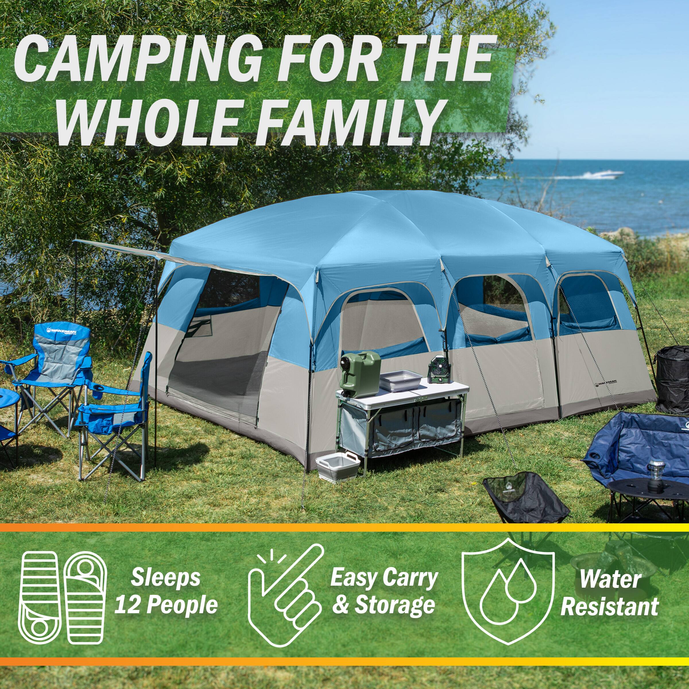 CAMPING FOR THE WHOLE FAMILY

- Sleeps 12 People
- Easy Carry & Storage
- Water Resistant