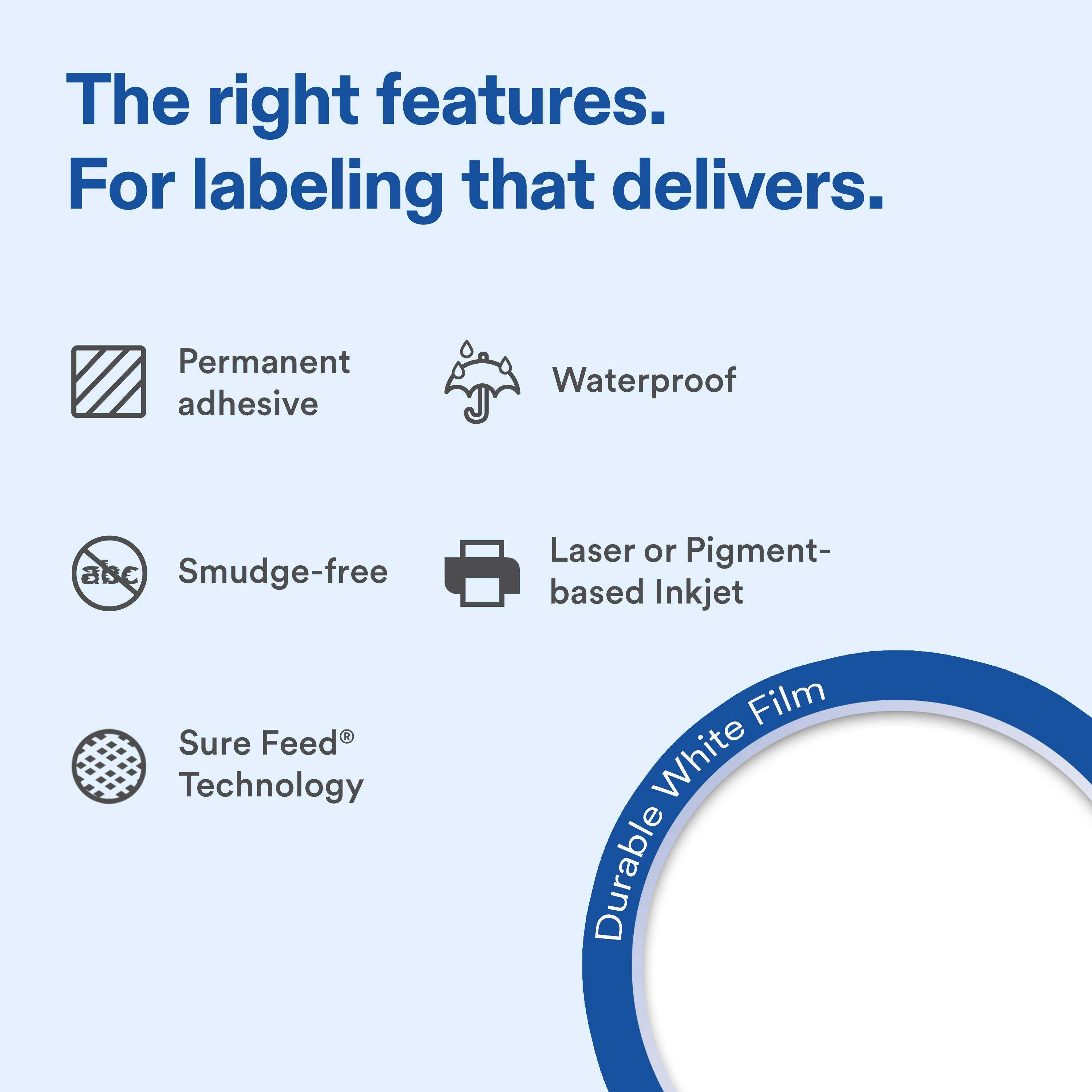 The right features. For labeling that delivers. Permanent adhesive Waterproof Smudge-free Laser or Pigment-based Inkjet Sure Feed® Technology Durable White Film