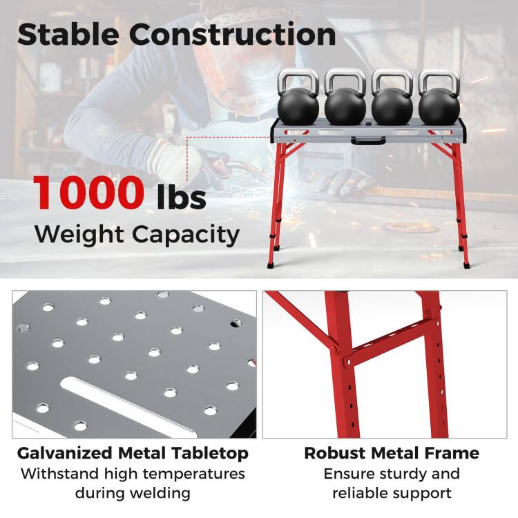 Stable Construction  
1000 lbs Weight Capacity  
Galvanized Metal Tabletop Withstand high temperatures during welding  
Robust Metal Frame Ensure sturdy and reliable support