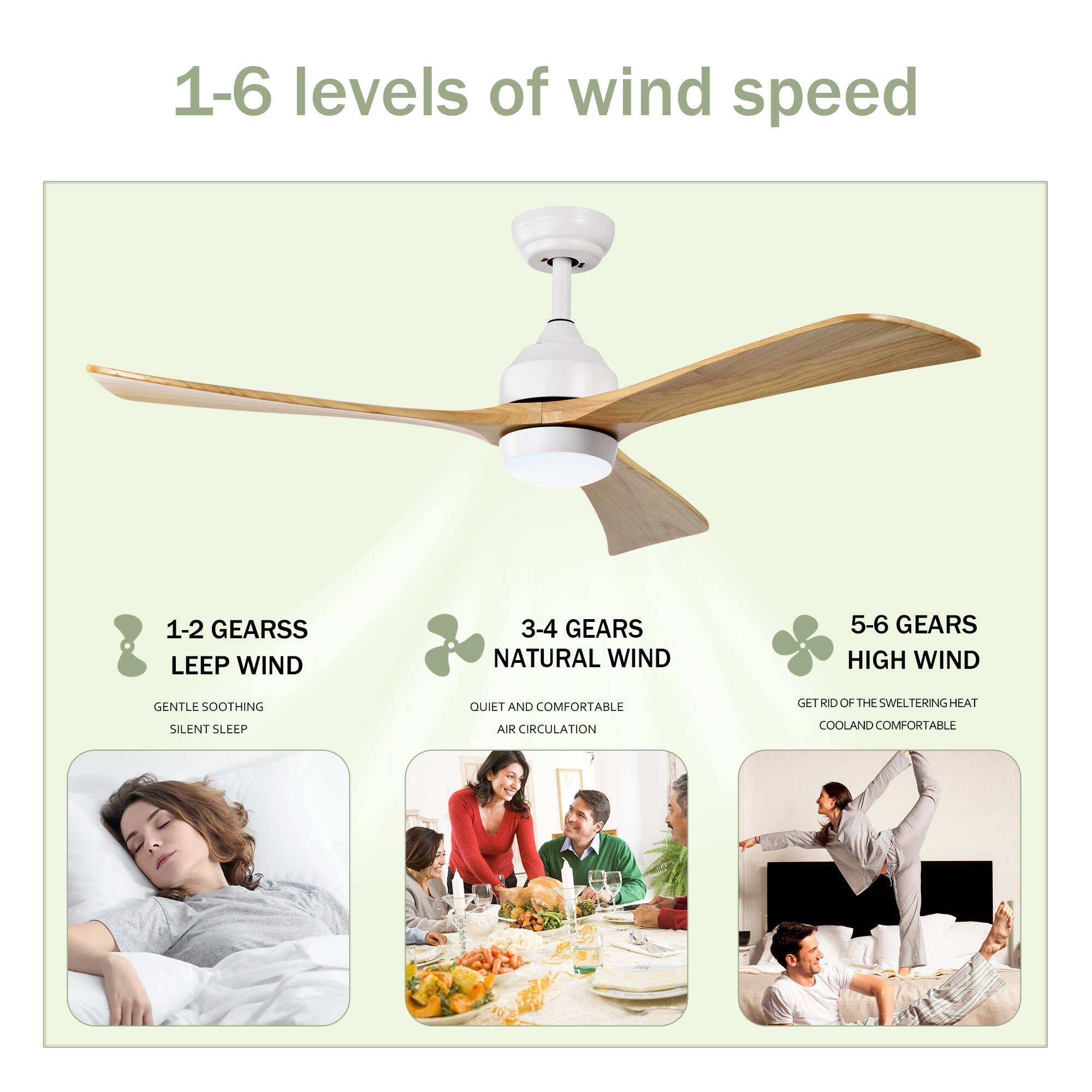 1-6 levels of wind speed

1-2 GEARS  
LEEP WIND  
GENTLE SOOTHING  
SILENT SLEEP

3-4 GEARS  
NATURAL WIND  
QUIET AND COMFORTABLE  
AIR CIRCULATION

5-6 GEARS  
HIGH WIND  
GET RID OF THE SWELTERING HEAT  
COOL AND COMFORTABLE