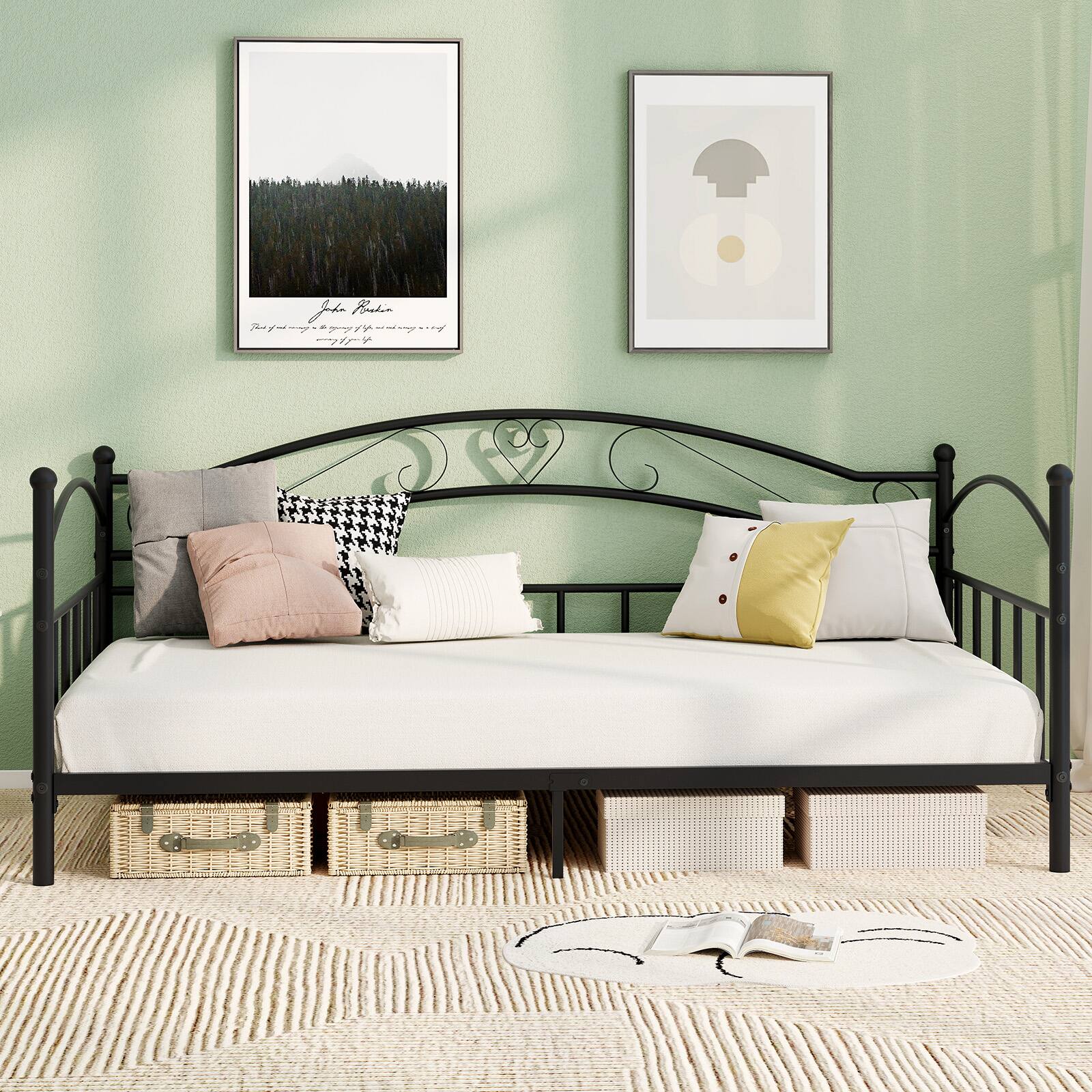 Alt View 4. Gymax - Gymax Twin Size Metal Daybed Frame w/ Headboard Heavy-Duty Metal Slats Support - Black.