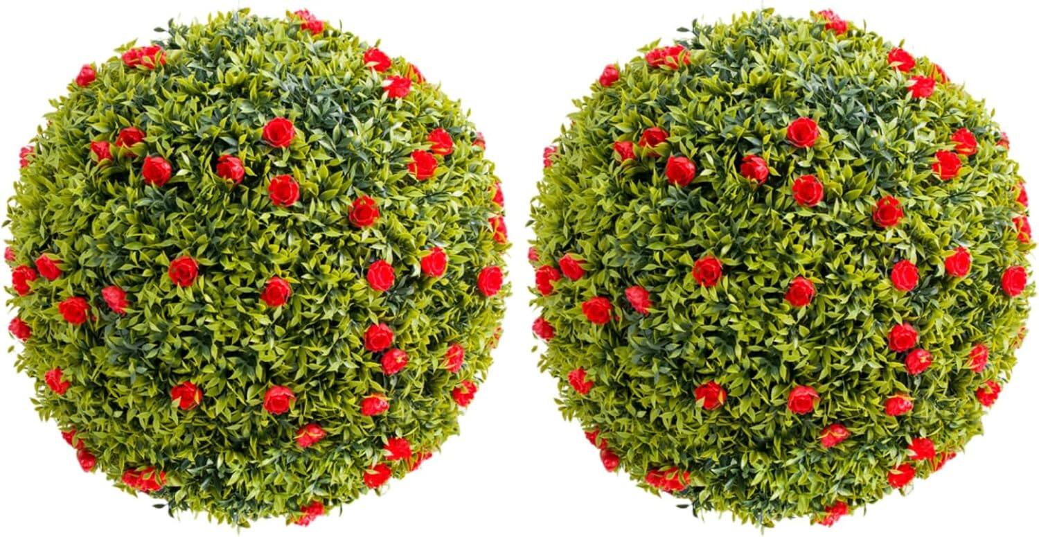 Front. Homhougo - 20.5 in Artificial Plant Topiary Ball Set of 2, Decorative Artificial Boxwood Balls with Red Flowers, Indoor Outdoor - Red.