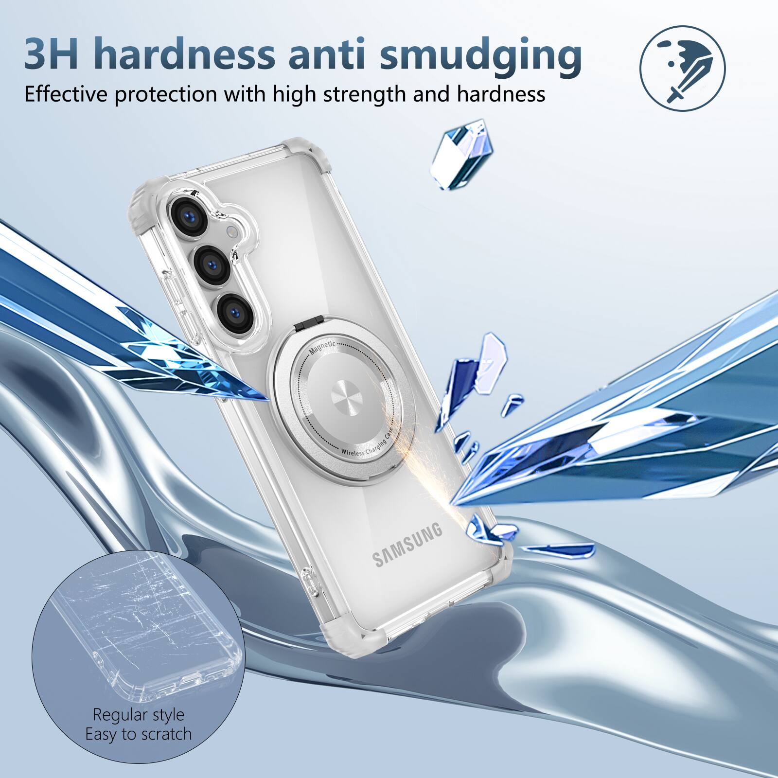 3H hardness anti smudging  
Effective protection with high strength and hardness  
Magnetic Case  
Wireless Charging  
SAMSUNG  
Regular style  
Easy to scratch