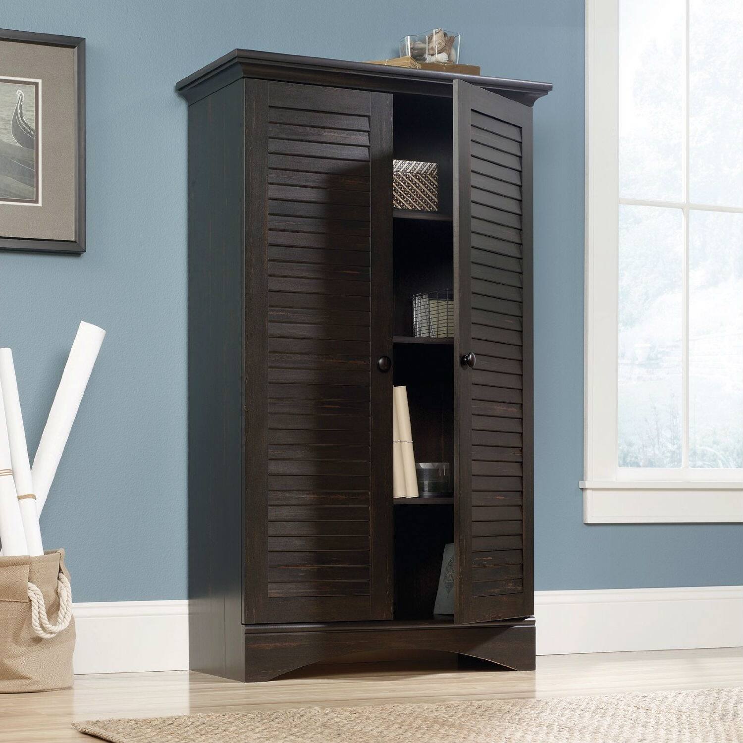 Back. Hivvago - Multi-Purpose Wardrobe Armoire Storage Cabinet in Dark Brown Antique Wood Finish - Dark Brown.