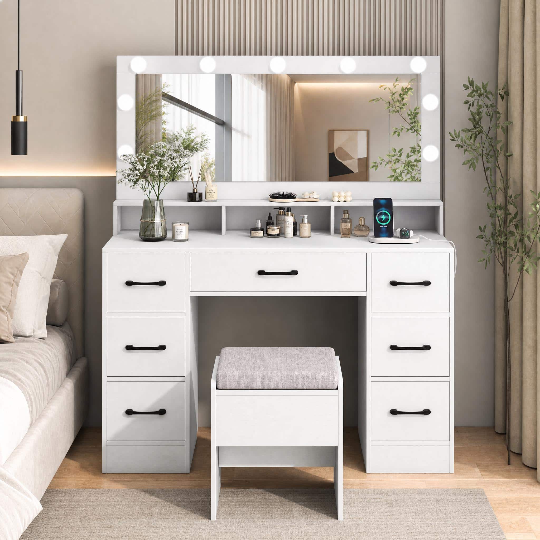 WELLFOR - Makeup Vanity Desk with Lights & Charging Station, Modern Vanity Desk Set with 7 Drawers & Storage Stool for Bedroom - White